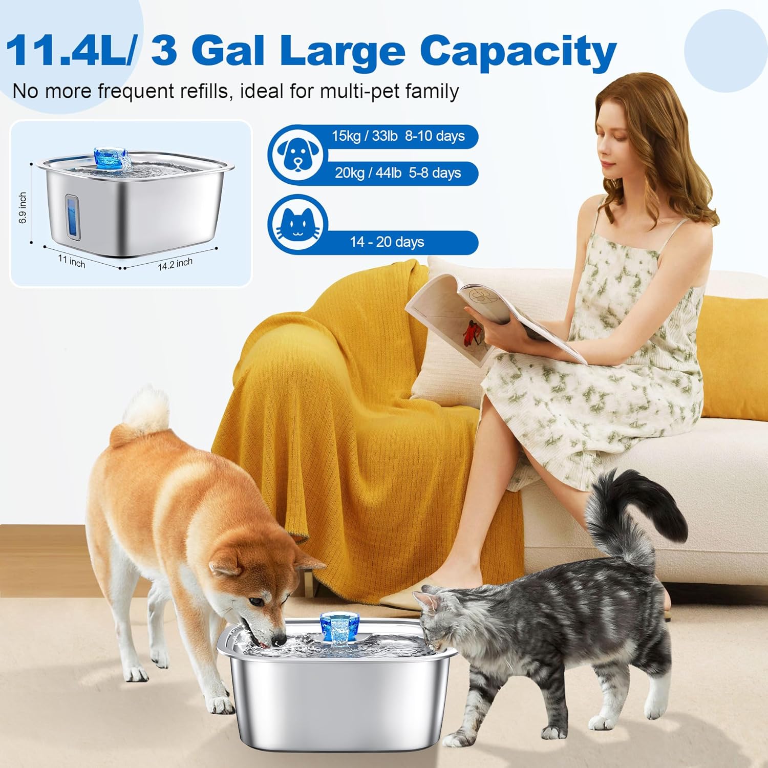 Stainless Steel Dog Water Fountain with Visible Water Level Window for Large Dogs - immagine 2