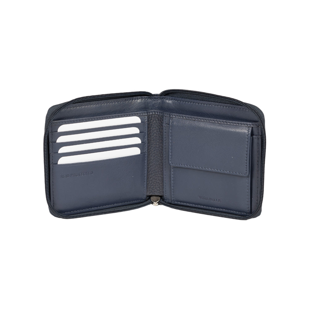 RB12175D | Zip Around Wallet in Genuine Full Grain Leather, Dollar Grain/Light. Color: Blue. RFID Protection. Closed Dimensions: 11.5 x 10.5 x 2 cm. Packaging: Gift box with lid/bottom - immagine 2