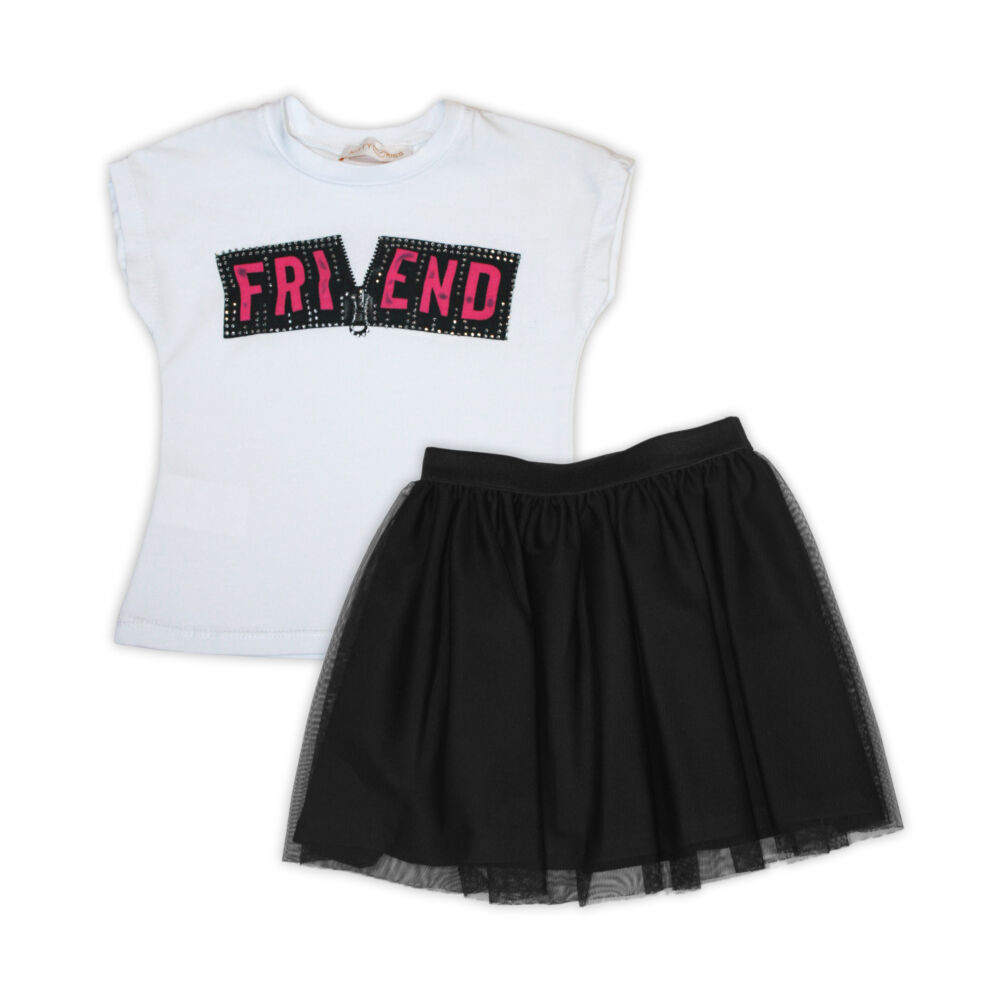 Cotton T-shirt with text pattern - cool with black tulle skirt for little girls - white-black - 116