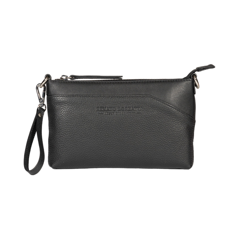 RB2003A | Genuine full-grain leather shoulder/wrist bag, dollar/light grain. Removable shoulder strap and handle. Black color. Dimensions: 22 x 14 x 2.5 cm. Packaging: Non-Woven Fabric Bag - immagine 2