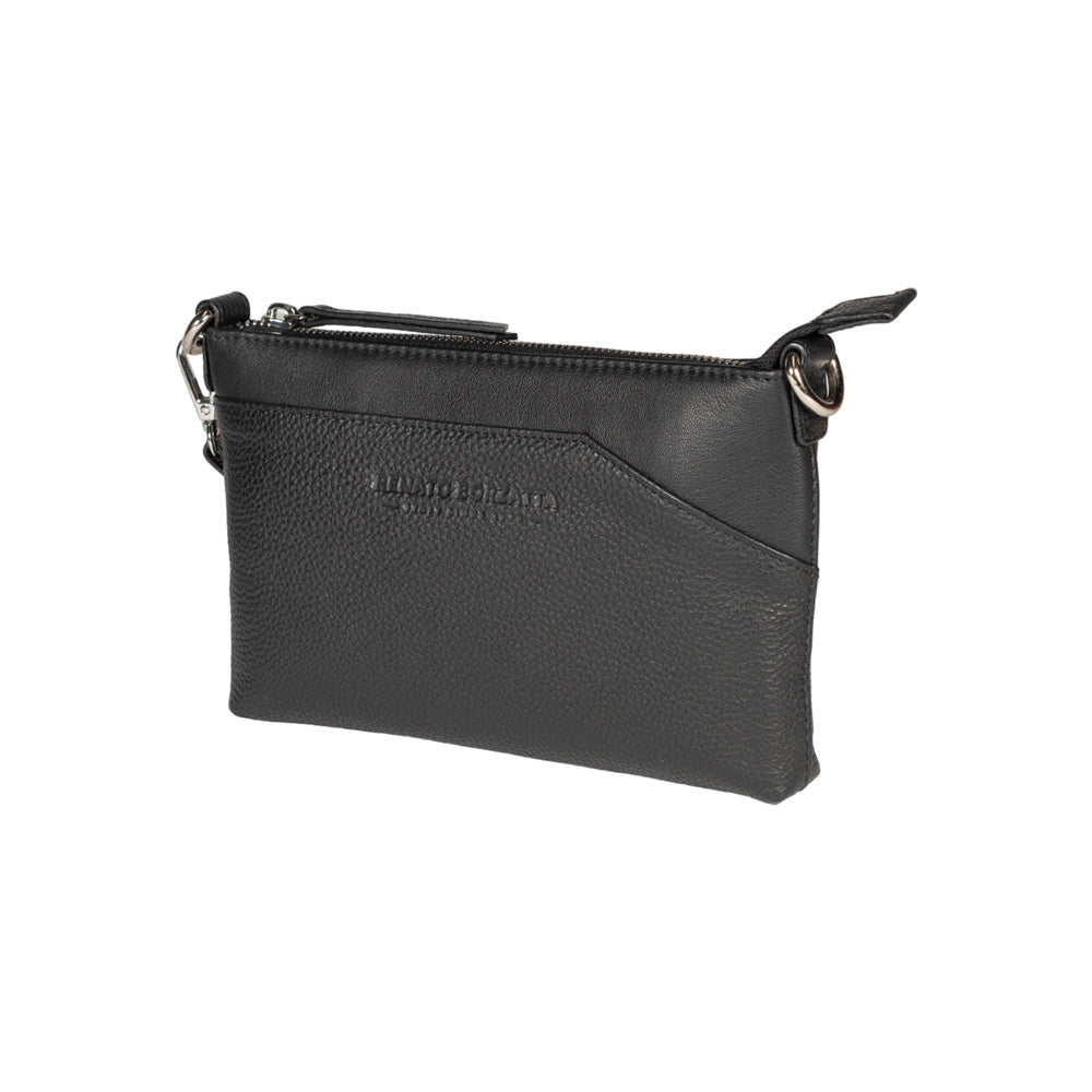 RB2003A | Genuine full-grain leather shoulder/wrist bag, dollar/light grain. Removable shoulder strap and handle. Black color. Dimensions: 22 x 14 x 2.5 cm. Packaging: Non-Woven Fabric Bag - immagine 3
