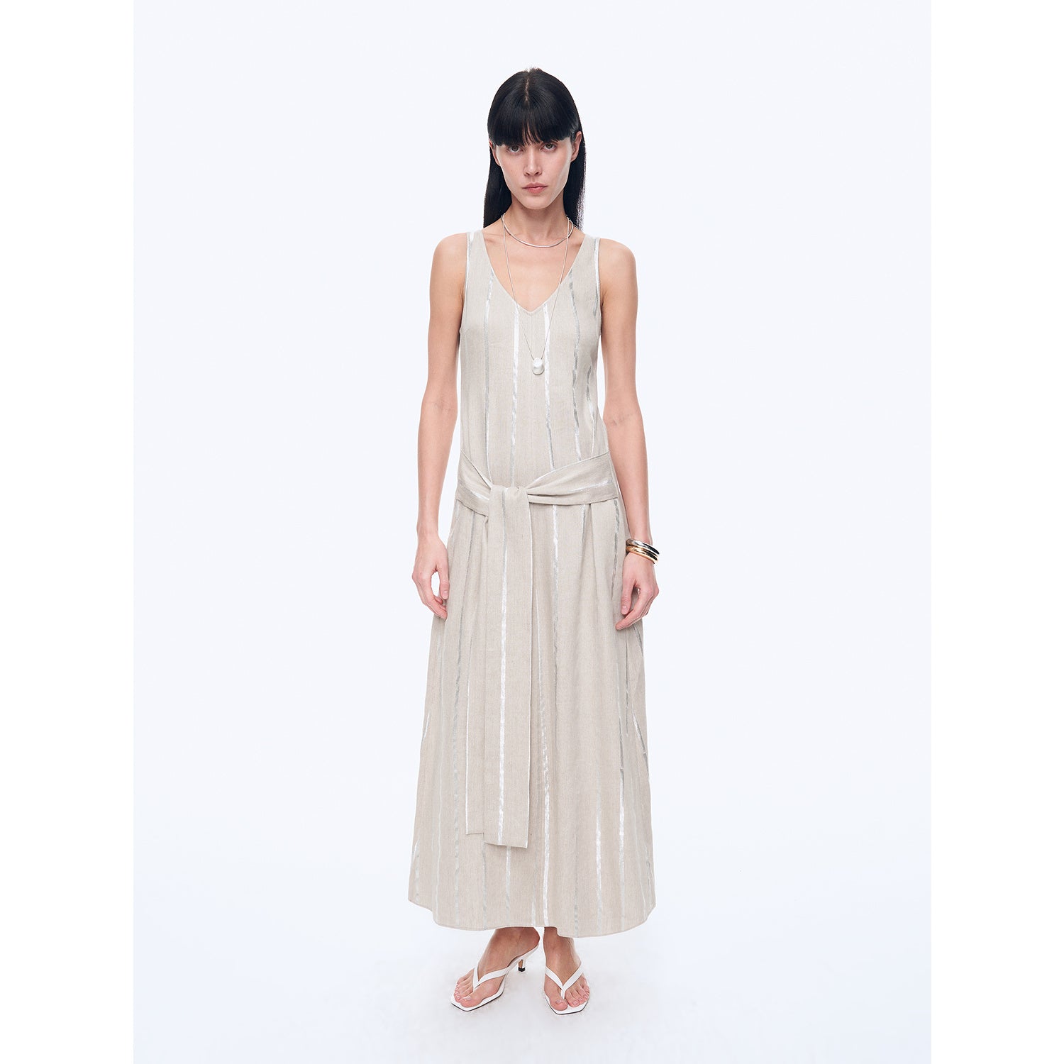 "Milan Holiday" Silver Striped Linen V-Neck Drape Dress - immagine 6