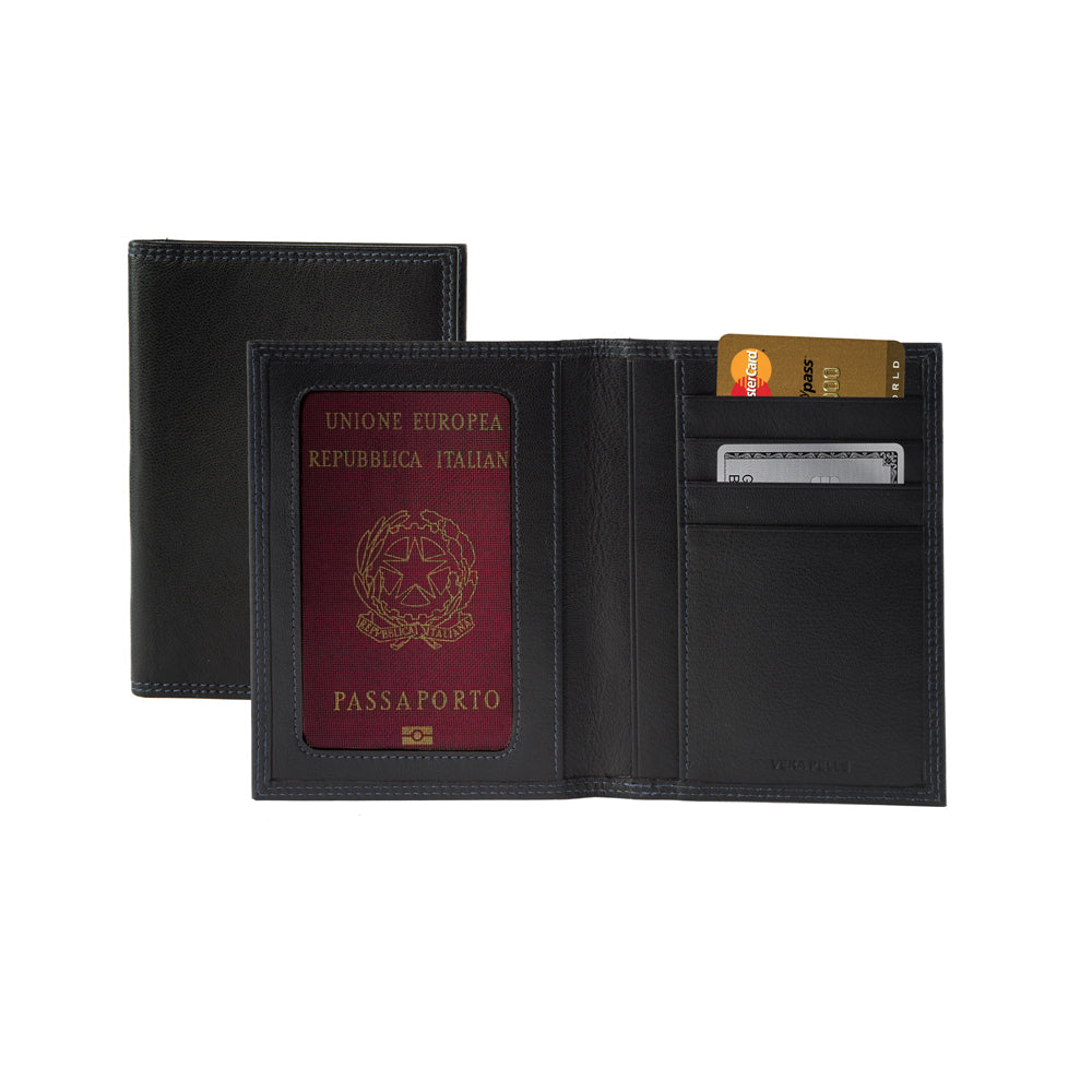 K10222AB | Porta Documenti + Passaporto in Vera Pelle pieno fiore, con leggera grana. Colore Nero. Dimensioni da chiuso: cm 10 x 14 x 1 - Confezione: Gift Box rigido fondo/coperchio - immagine 4
