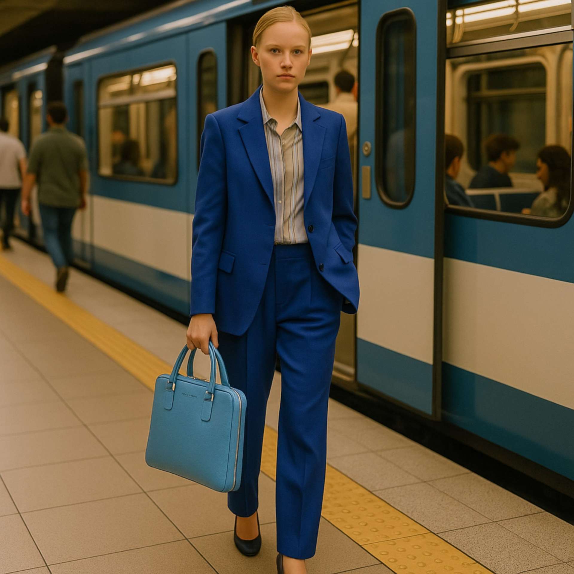 RB1019P | Made in Italy Genuine Leather Unisex Business Briefcase with removable shoulder strap. Shiny Nickel metal snap hook attachments - Avio color - Dimensions: cm 37 x 29 x 6.5 - immagine 5