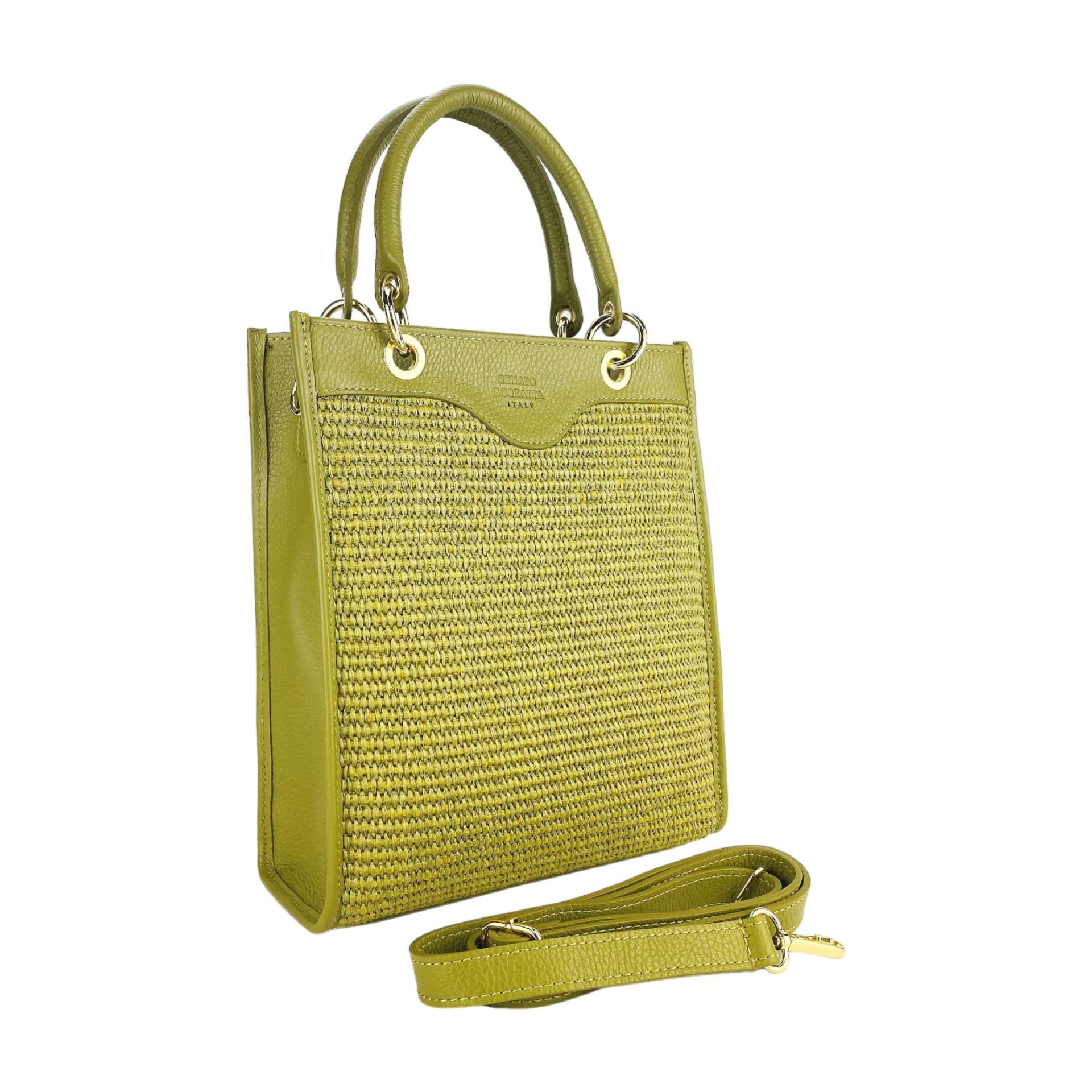 RB1026CM | Borsa Donna a mano verticale in Vera Pelle e Paglia Made in Italy. Tracolla removibile e regolabile in pelle. Accessori Oro Lucido - Colore Pistacchio - Dimensioni: cm 24 x 29 x 9 - immagine 3