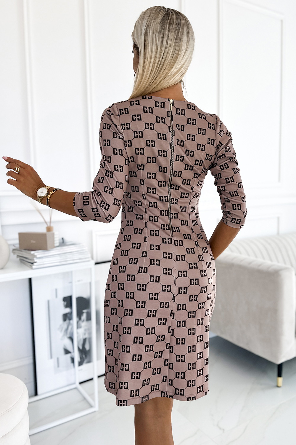 Numoco 420-3 MARY Dress with golden zippers - beige with a black pattern - immagine 3
