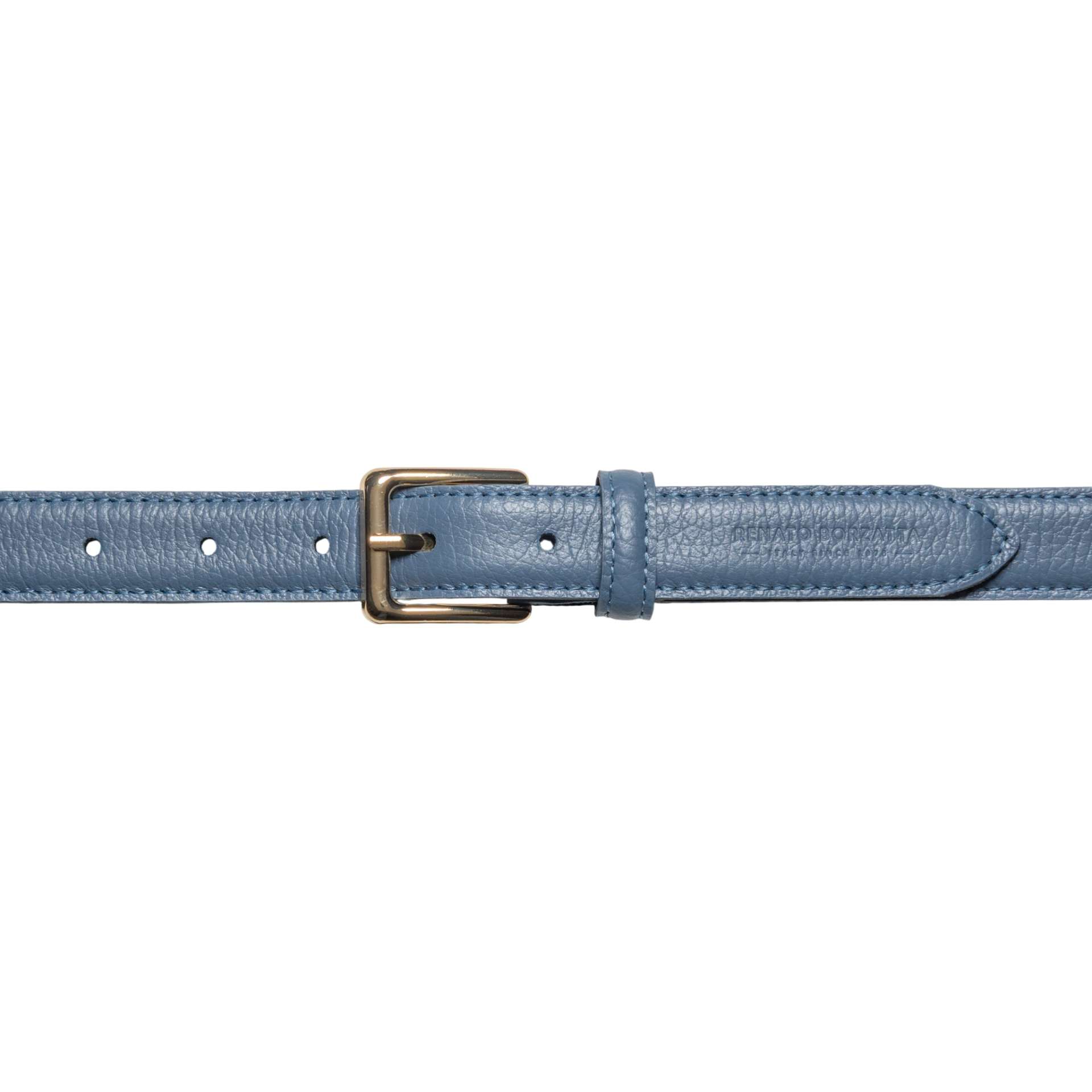 RB4022P | Women's Belt Made in Italy in Genuine Dollar Grain Leather. Polished Gold-Finish Buckle. Color: Air Force Blue. Dimensions: 115 x 2.5 x 0.5 cm (waistline 100 cm) - immagine 2