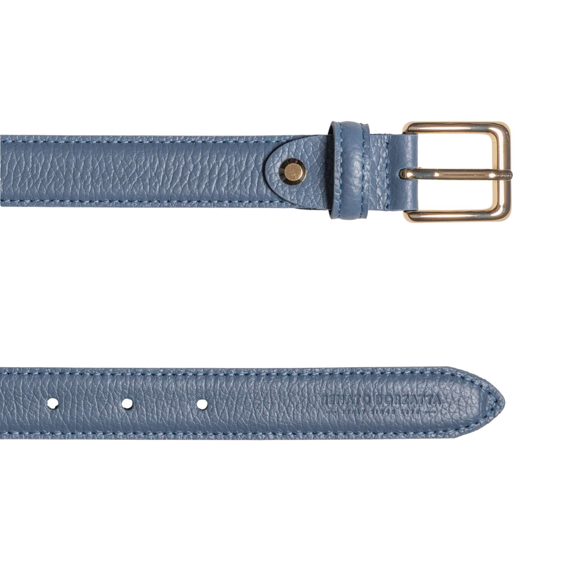 RB4022P | Women's Belt Made in Italy in Genuine Dollar Grain Leather. Polished Gold-Finish Buckle. Color: Air Force Blue. Dimensions: 115 x 2.5 x 0.5 cm (waistline 100 cm) - immagine 3