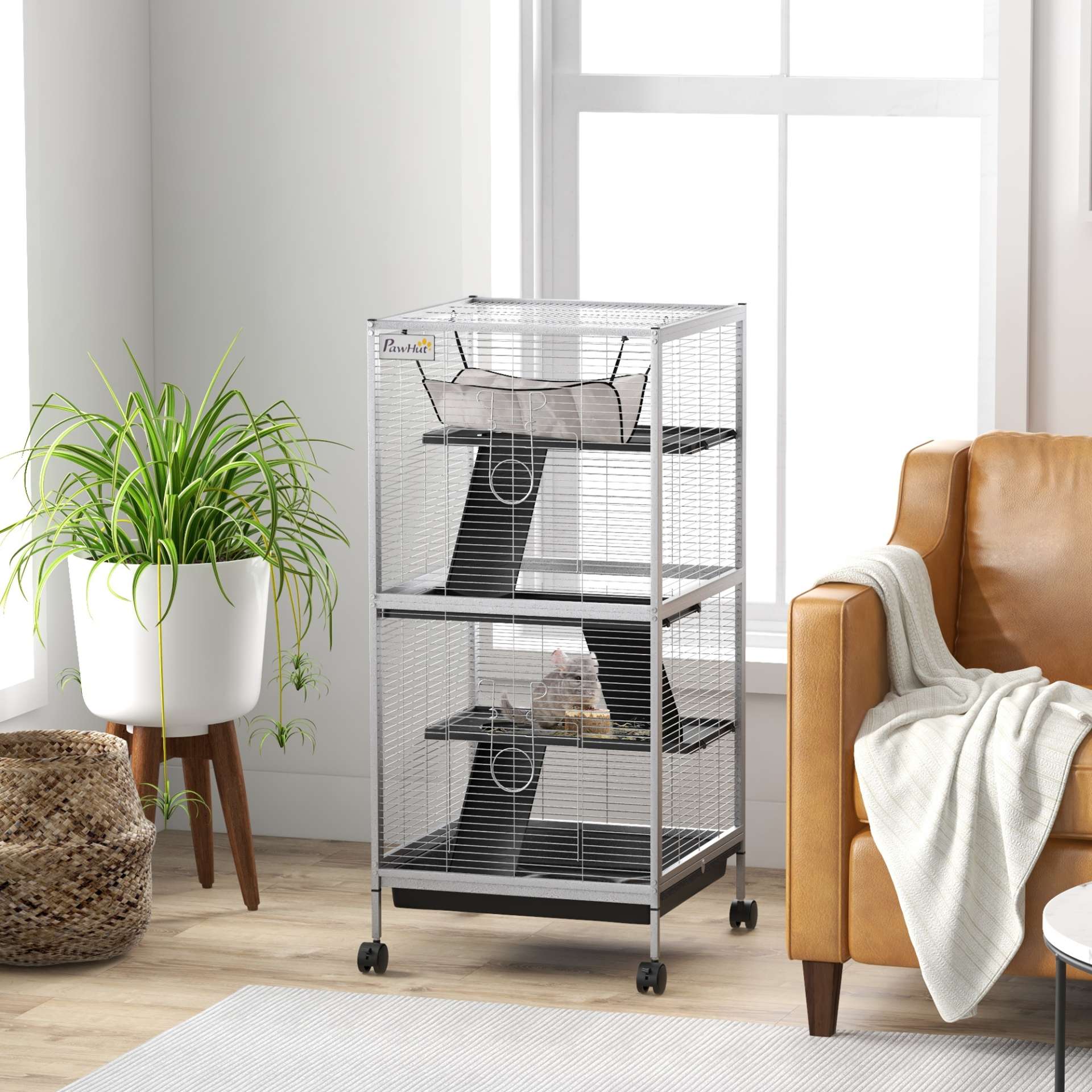 Cage pour Petits Animaux Portable à 4 Niveaux avec Roulettes, 2 Portes, 3 Rampes, Hamac et Plateau Amovible - immagine 2