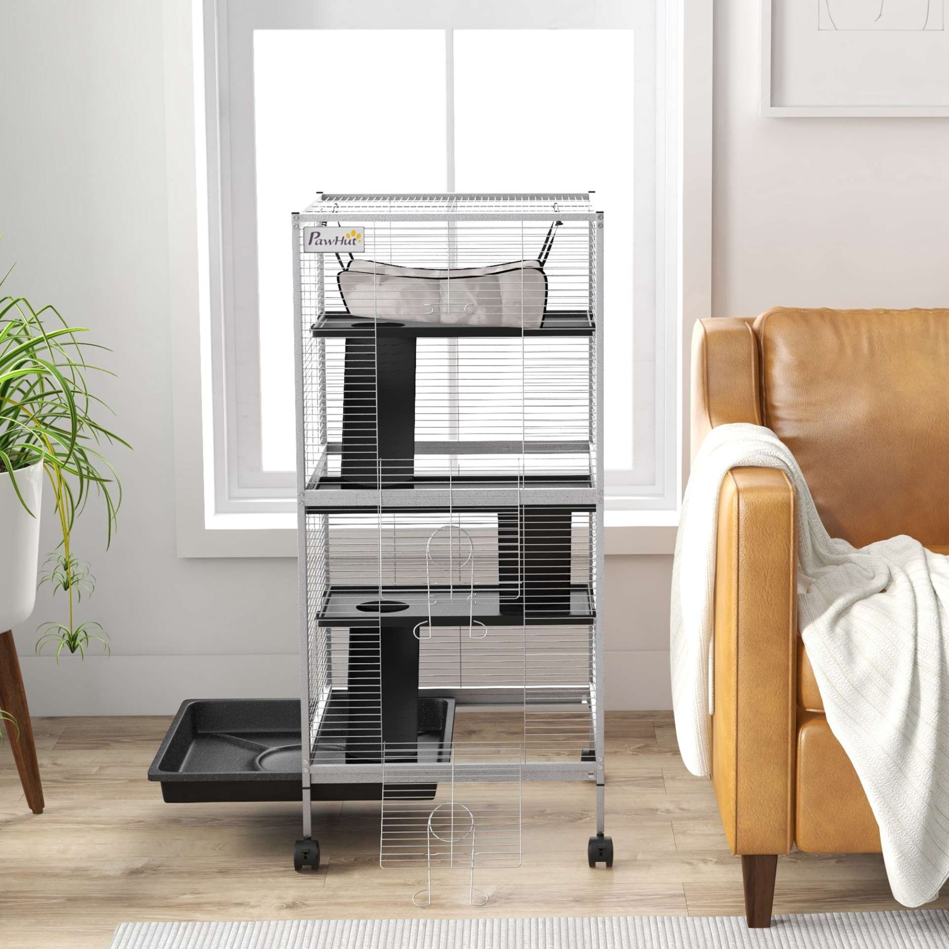 Cage pour Petits Animaux Portable à 4 Niveaux avec Roulettes, 2 Portes, 3 Rampes, Hamac et Plateau Amovible - immagine 9