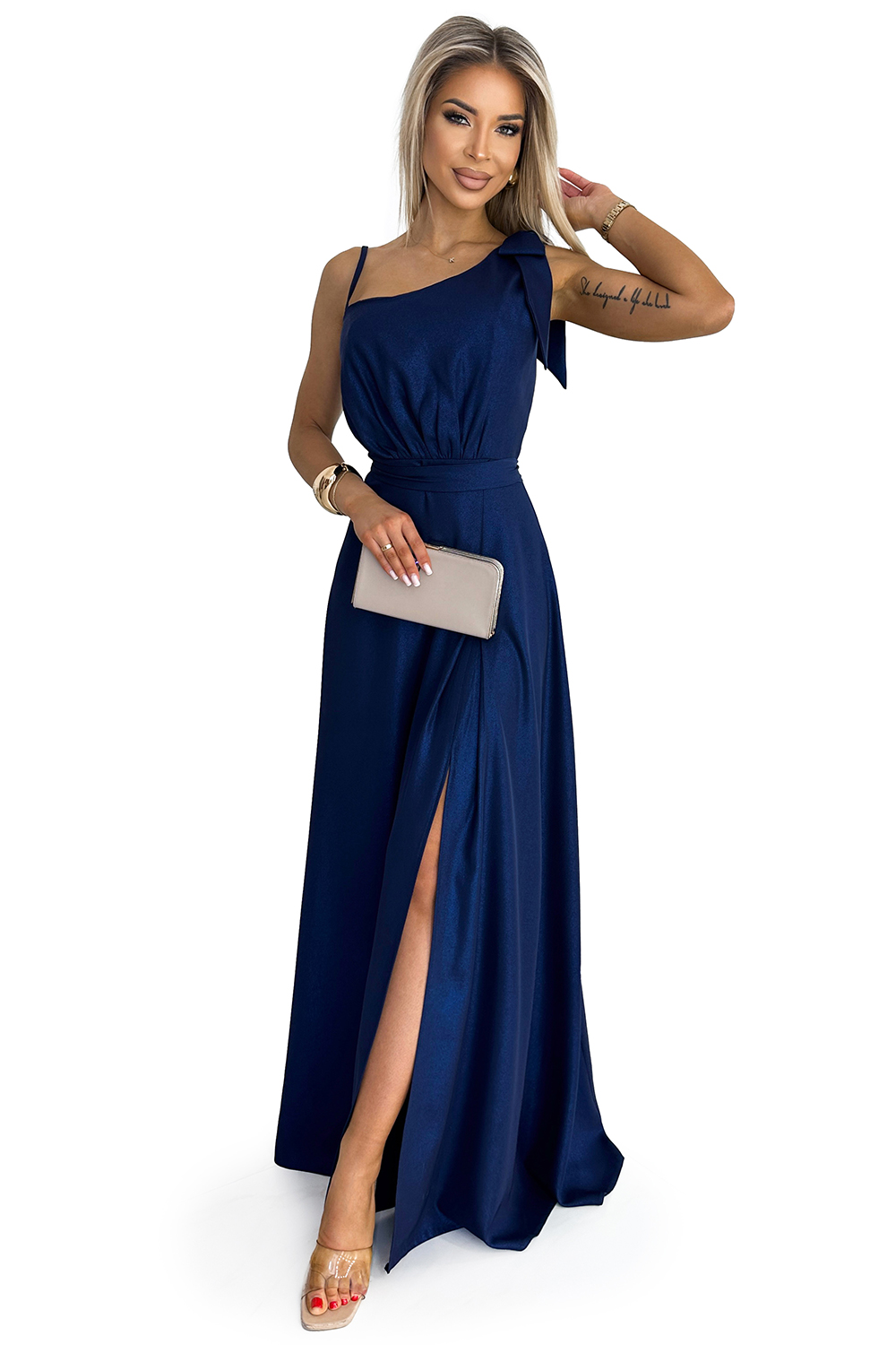 Numoco 528-1 Long shiny one-shoulder dress with a bow - navy blue - immagine 7
