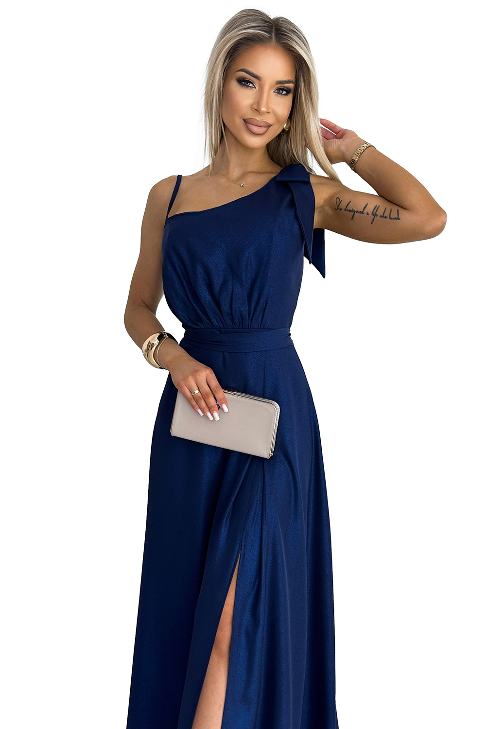 Numoco 528-1 Long shiny one-shoulder dress with a bow - navy blue - immagine 8