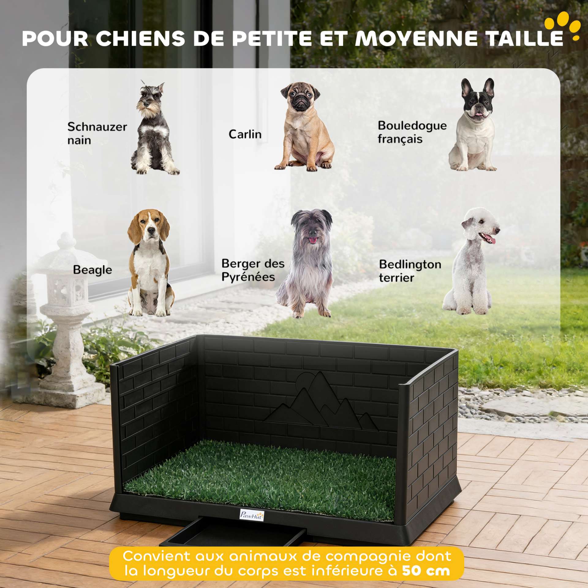 Toilette pour Chien avec Gazon Artificiel, Parois Hautes et Plateau Coulissant, Système de Drainage, 75x51x36,5cm, Noir - immagine 8