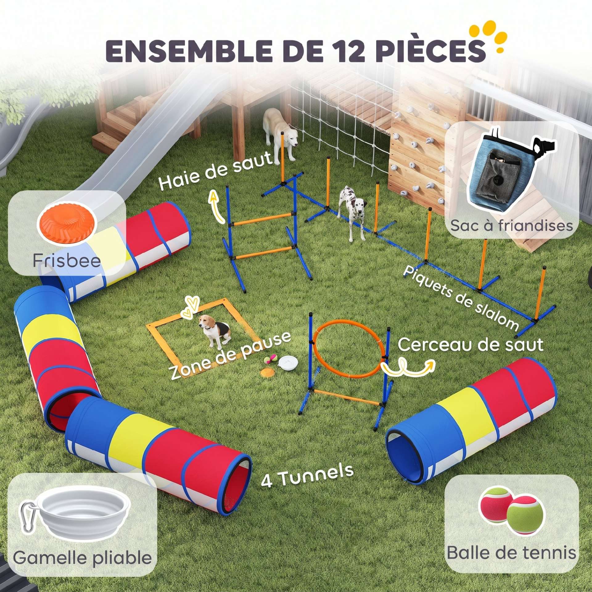 Équipement d'Agilité pour Chien 12 Pièces, 4 Tunnels, Sauts Ajustables, Anneau, Slaloms, 357x65x68cm, Multicolore - immagine 4