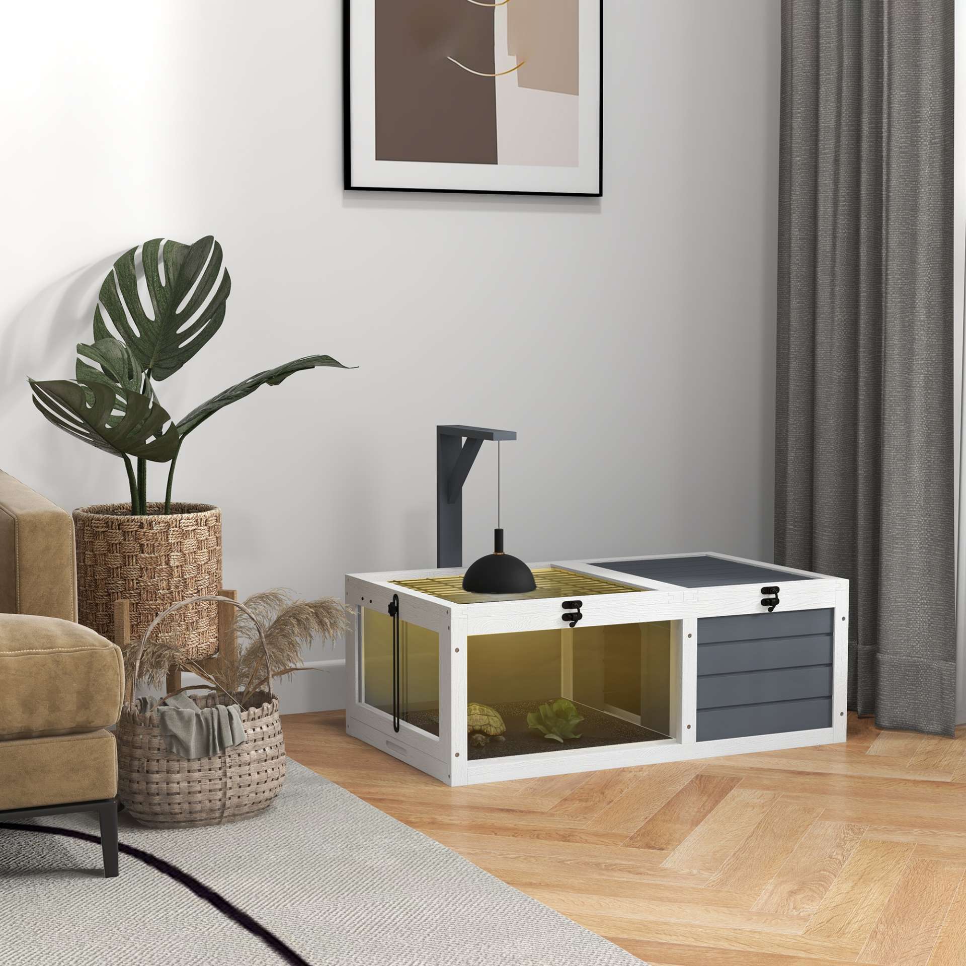 Maison enclos cage pour petit animal tortue avec 2 espaces support de lampe 81 x 48 x 31,5 cm gris - immagine 2
