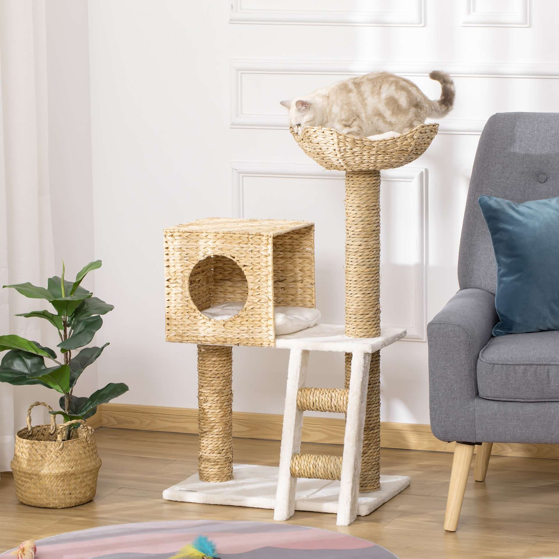 Arbre à chat arbre à grimper griffoir pour chat hauteur 100,5 cm avec coussins et échelle centre d'activités poteaux en quenouille - immagine 2