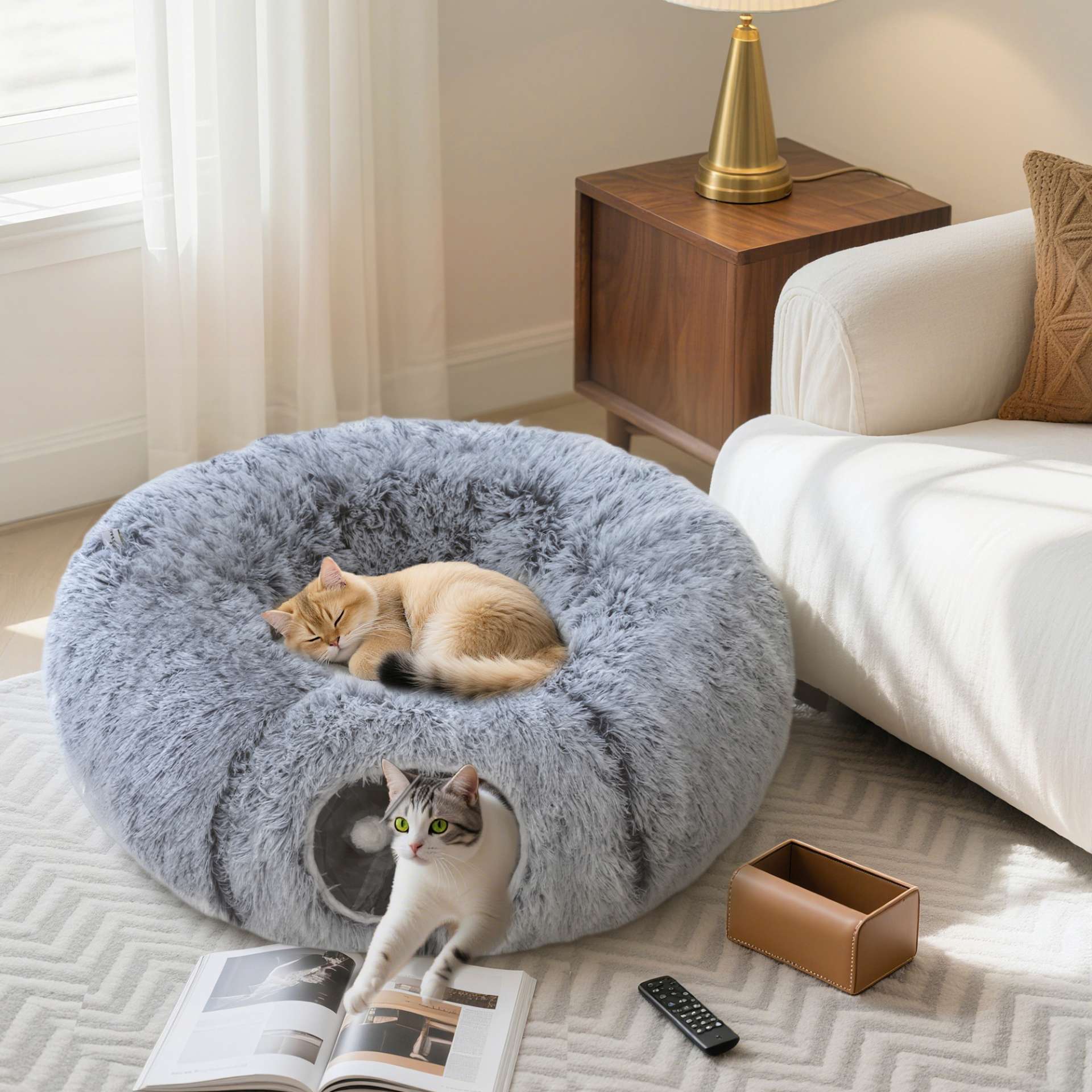 Tunnel pour Chat Intérieur avec Lit de Chat en Forme de Donut, Coussin Circulaire Lavable, 90x80x27cm, Gris Clair - immagine 2