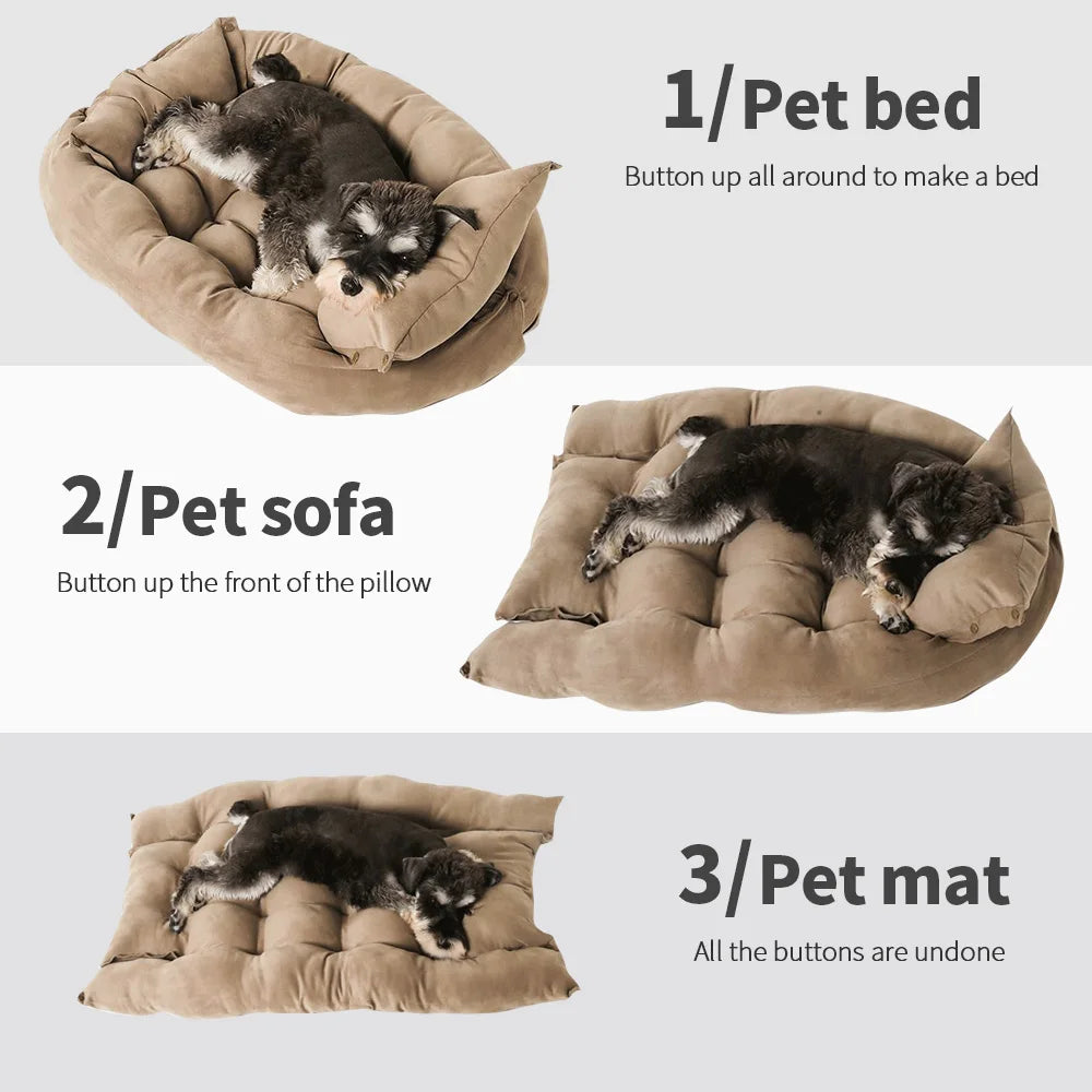 3-in-1 Multifunction Dog And Cat Bed Soft Cotton Convertible Pet Mat Brown - immagine 2