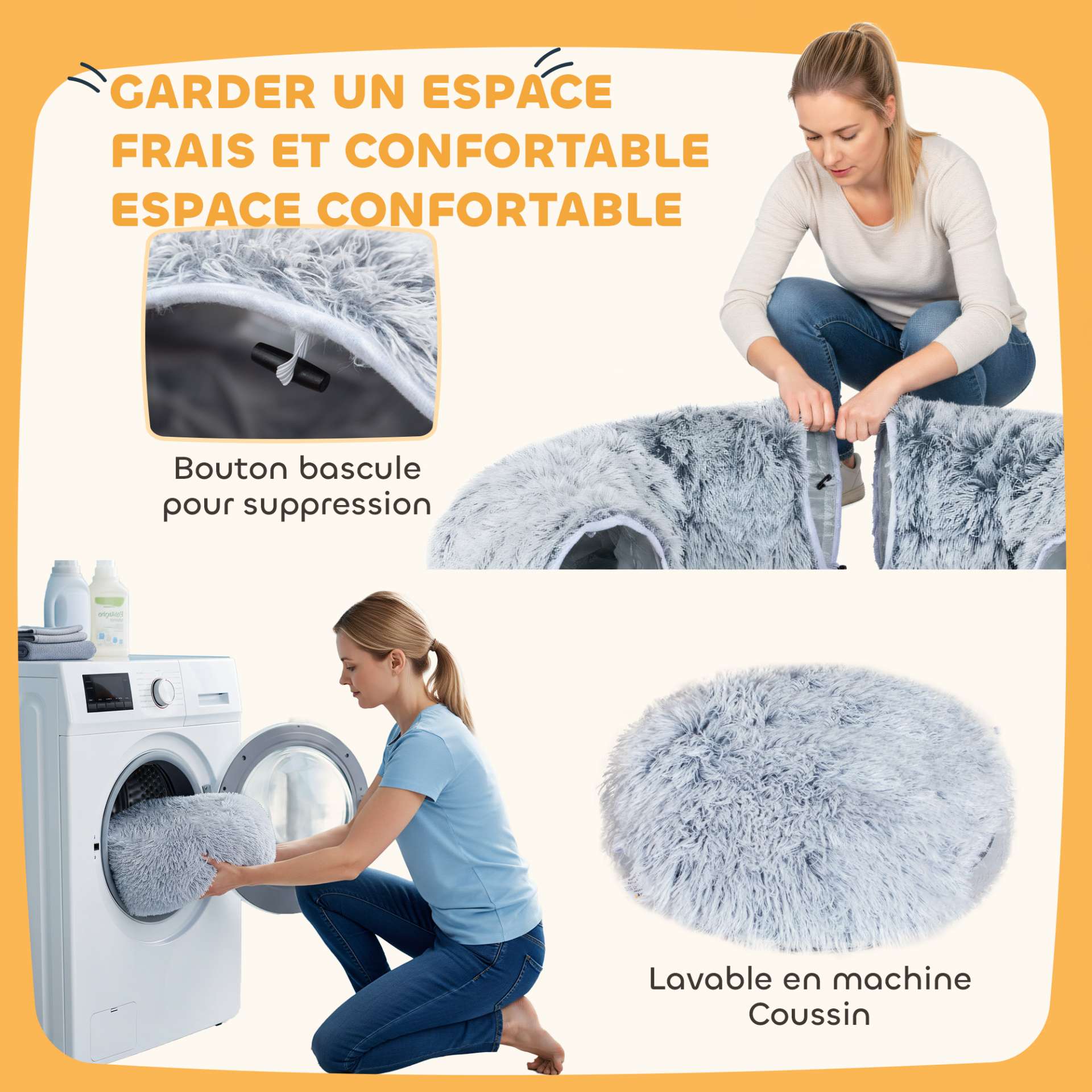 Tunnel pour Chat Intérieur avec Lit de Chat en Forme de Donut, Coussin Circulaire Lavable, 90x80x27cm, Gris Clair - immagine 7