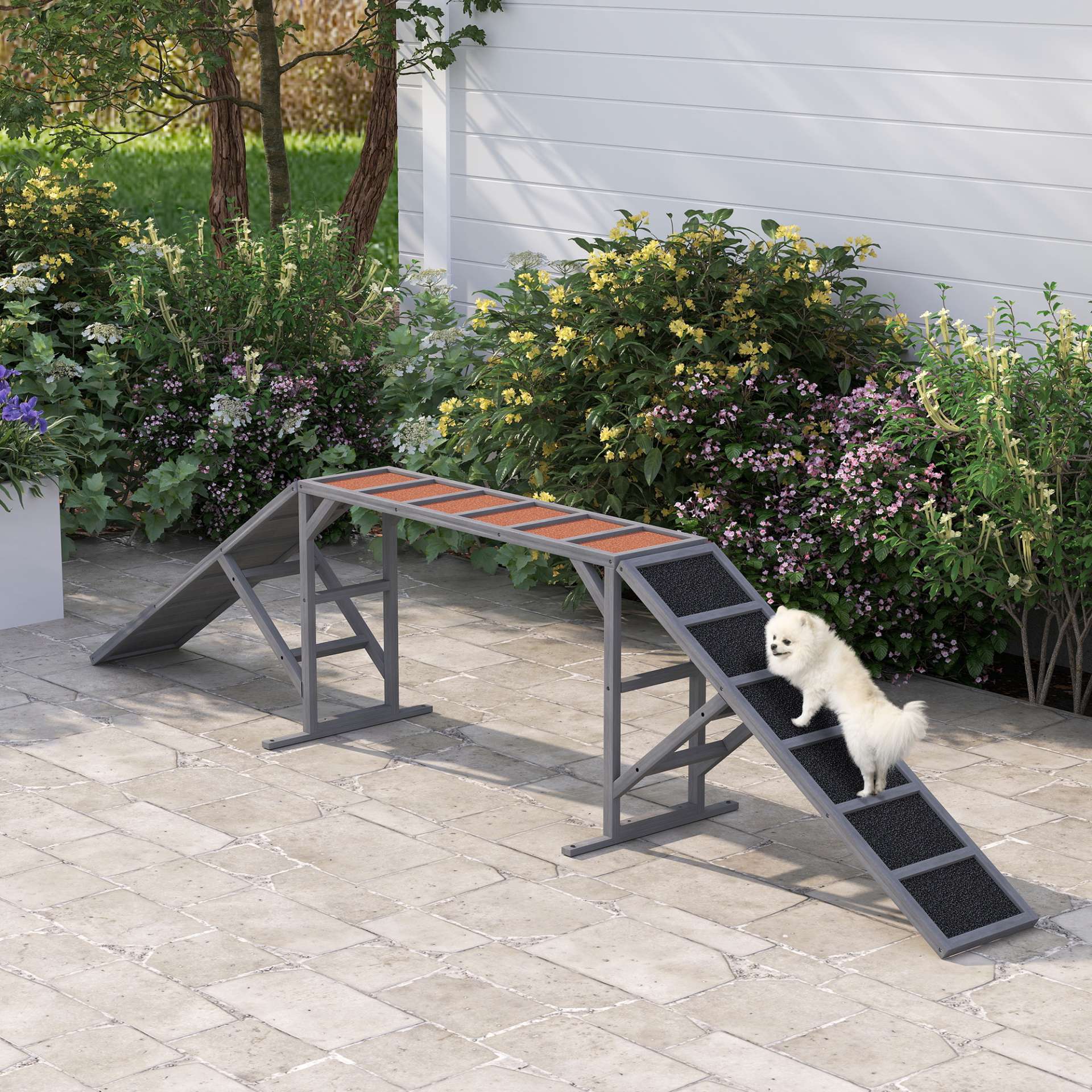 Rampe d'agilité pour chien, équipement d'agilité pour chiens, barres de sécurité surface antidérapante 335x55x60cm gris - immagine 2