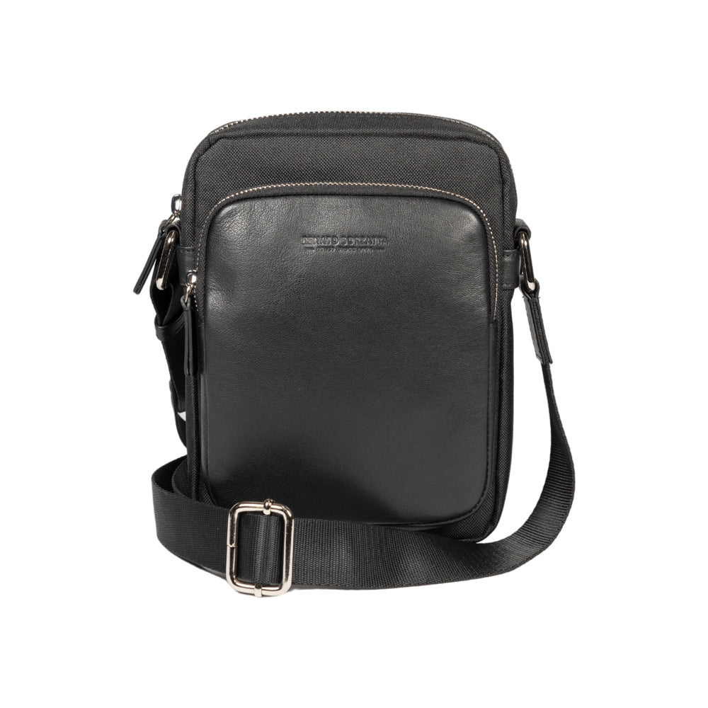 RB2002A | Nylon/Vera Leather Shoulder Bag, with light grain. Zipper closure and adjustable shoulder strap - Black color - Size: 15.5 x 21 x 7 cm. Packaging: Non-Woven Fabric Bag - immagine 2