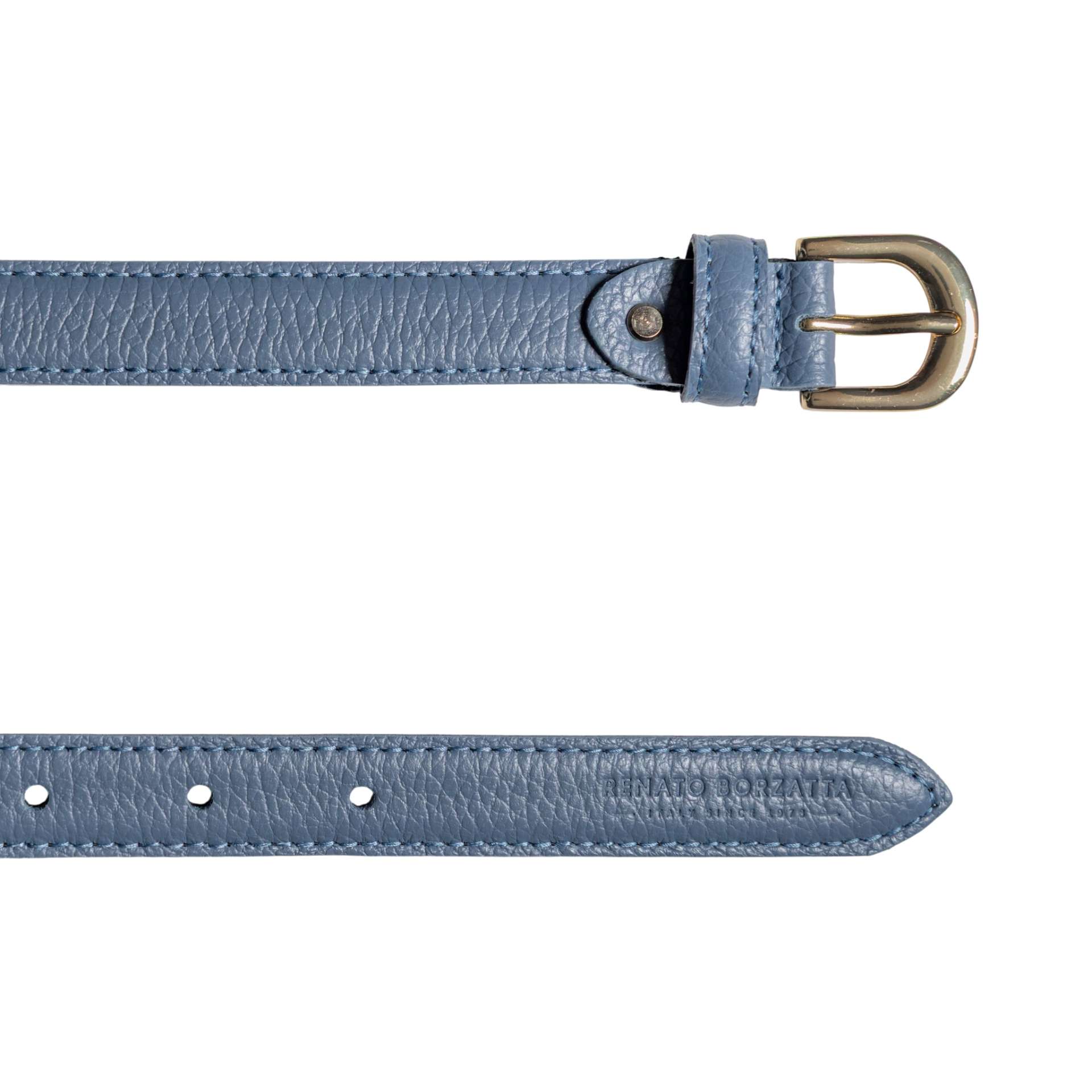RB4021P | Women's Belt Made in Italy in Genuine Dollar Grain Leather. Polished Gold-Finish Buckle. Color: Air Force Blue. Dimensions: 115 x 2.0 x 0.5 cm (waistline 100 cm) - immagine 3