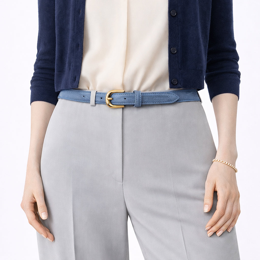 RB4021P | Women's Belt Made in Italy in Genuine Dollar Grain Leather. Polished Gold-Finish Buckle. Color: Air Force Blue. Dimensions: 115 x 2.0 x 0.5 cm (waistline 100 cm) - immagine 4