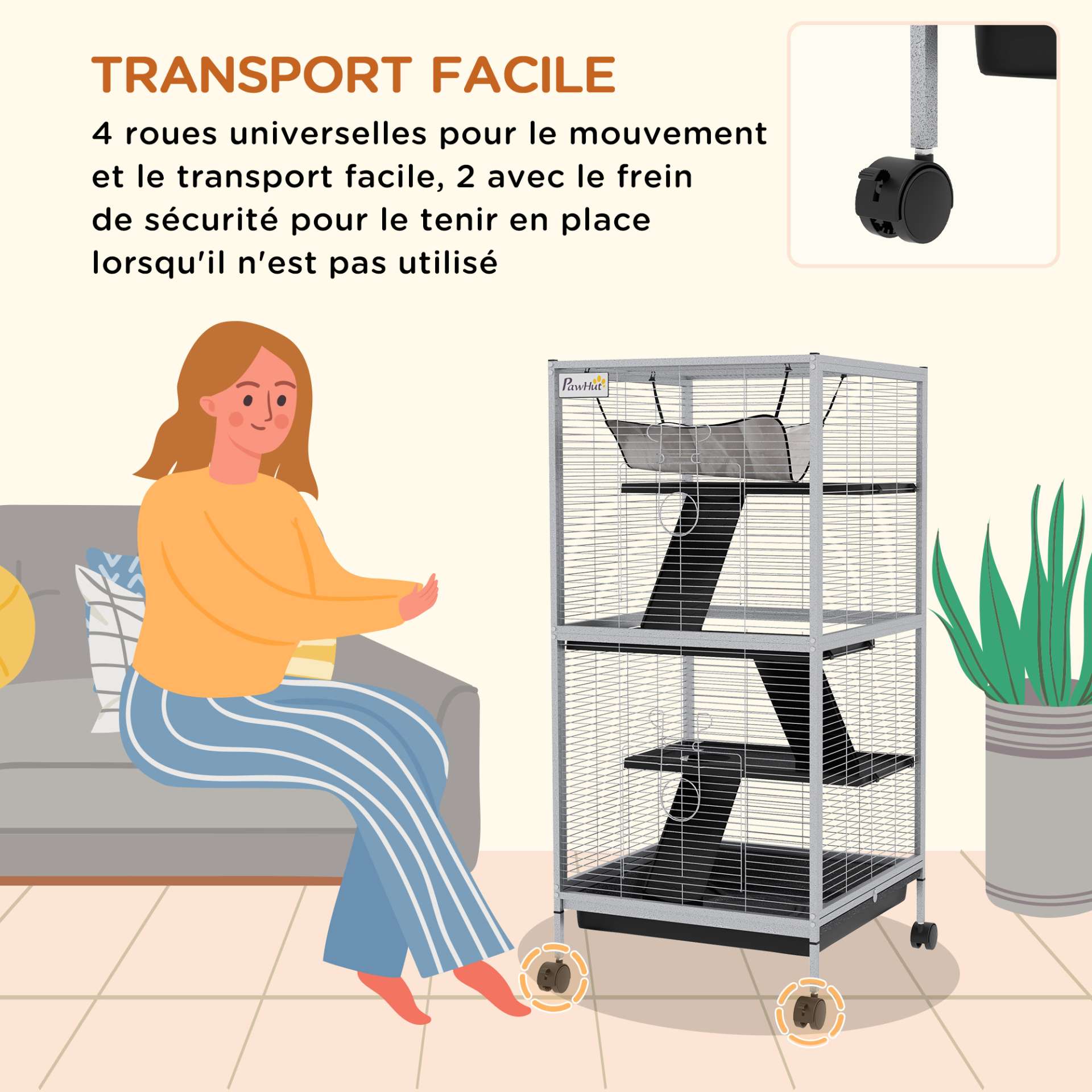 Cage pour Petits Animaux Portable à 4 Niveaux avec Roulettes, 2 Portes, 3 Rampes, Hamac et Plateau Amovible - immagine 5