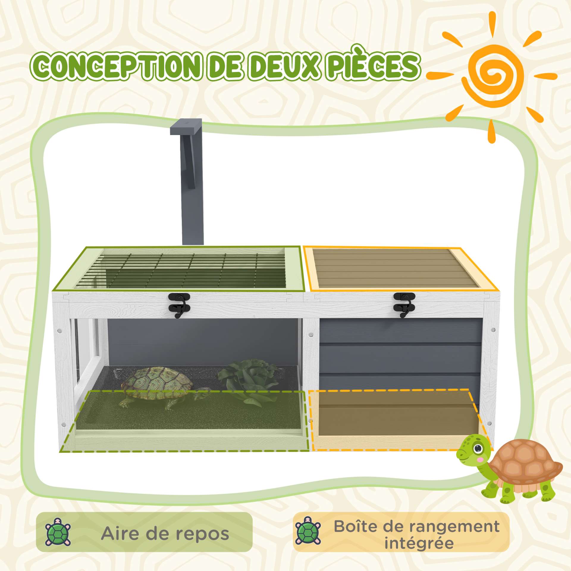 Maison enclos cage pour petit animal tortue avec 2 espaces support de lampe 81 x 48 x 31,5 cm gris - immagine 4
