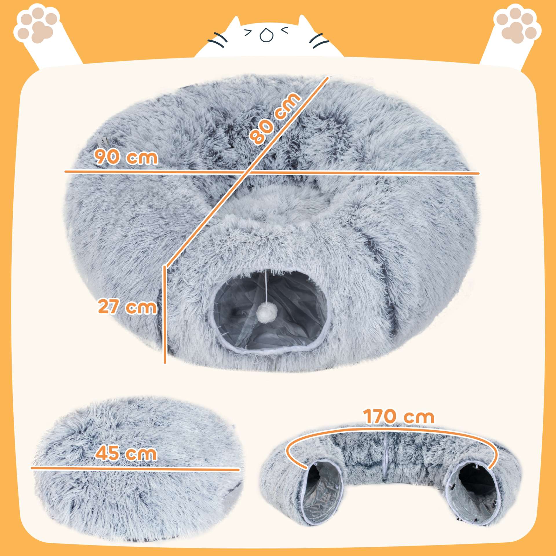 Tunnel pour Chat Intérieur avec Lit de Chat en Forme de Donut, Coussin Circulaire Lavable, 90x80x27cm, Gris Clair - immagine 3
