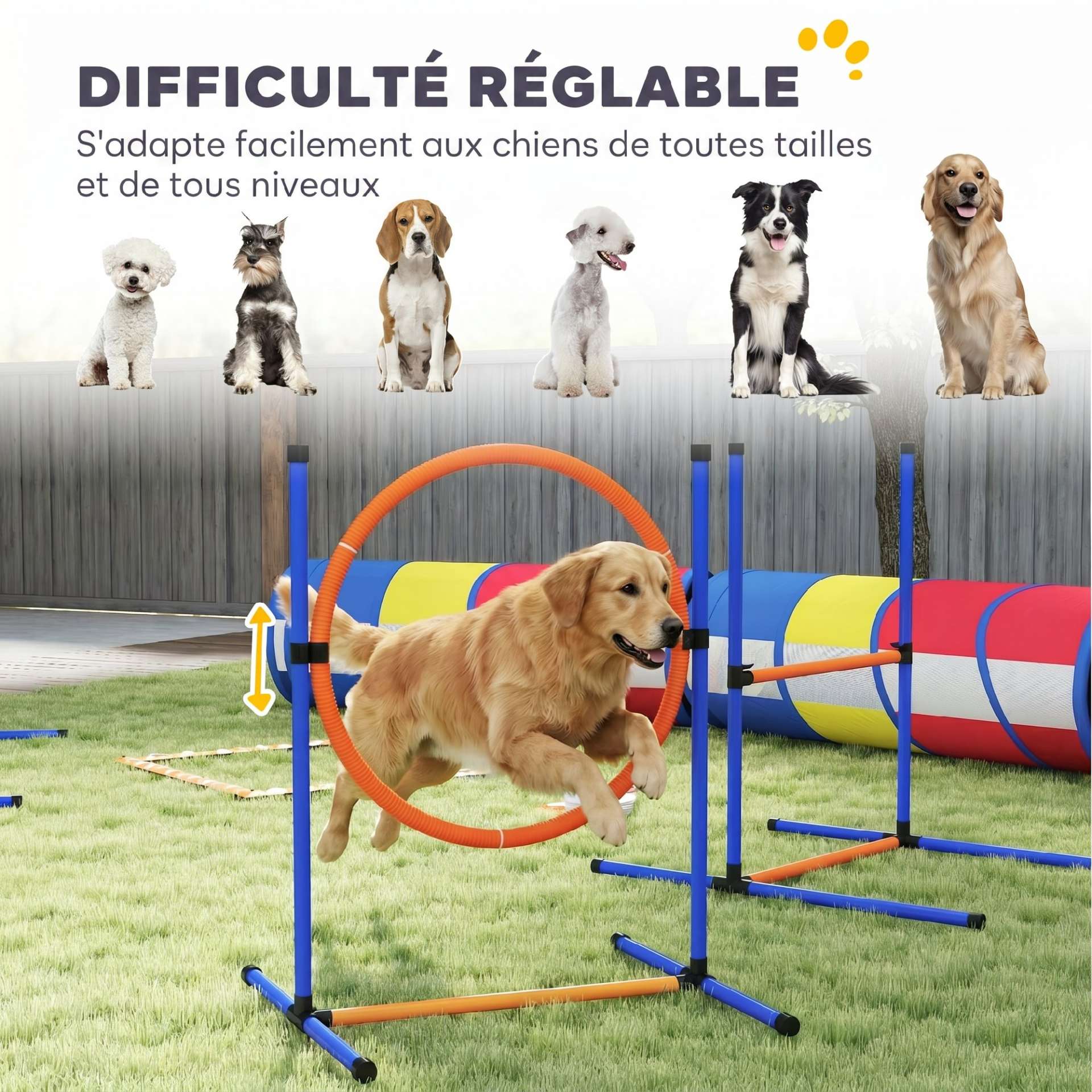 Équipement d'Agilité pour Chien 12 Pièces, 4 Tunnels, Sauts Ajustables, Anneau, Slaloms, 357x65x68cm, Multicolore - immagine 6