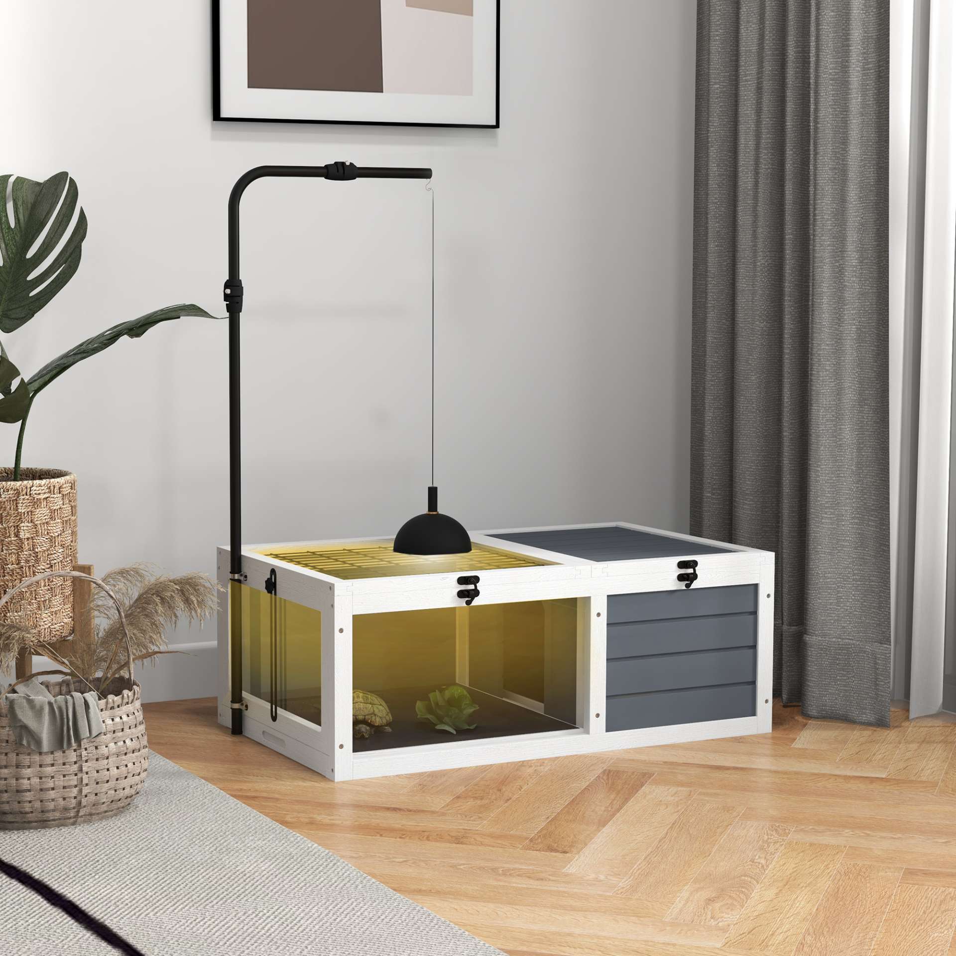 Maison enclos cage pour petit animal tortue avec 2 espaces support de lampe réglable 81 x 48 x 31,5 cm gris - immagine 2