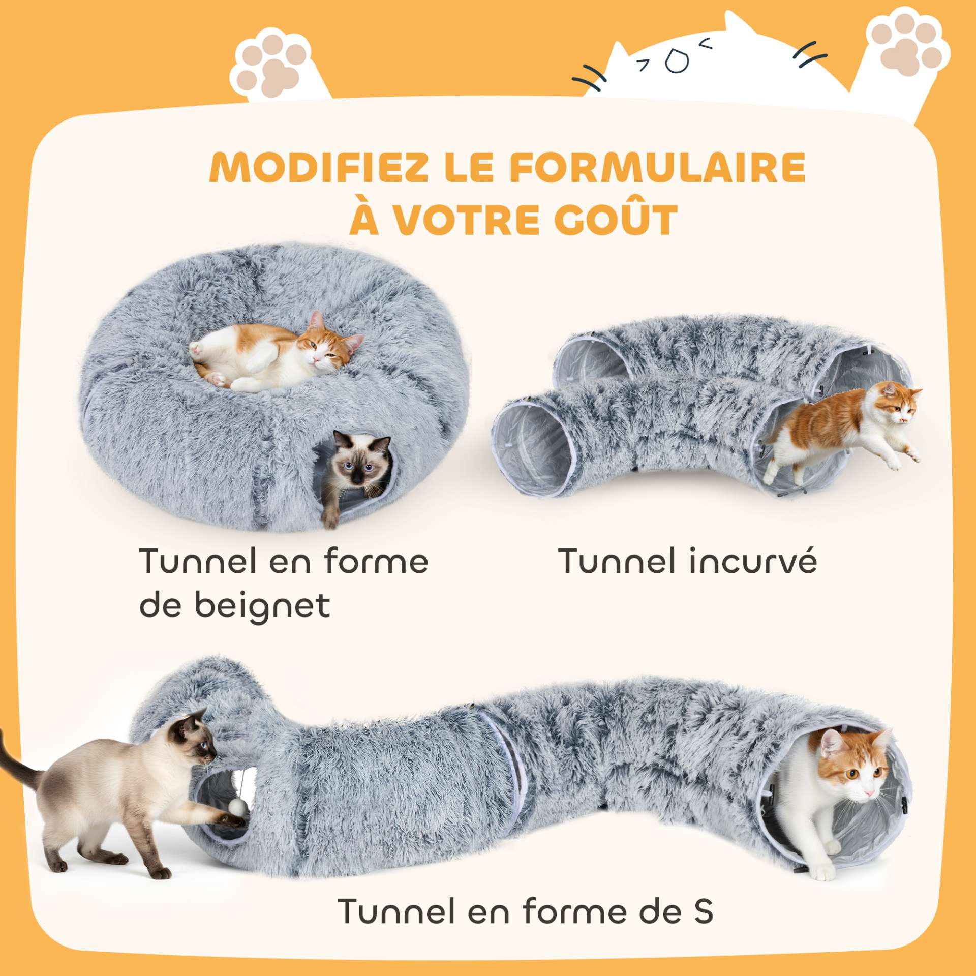 Tunnel pour Chat Intérieur avec Lit de Chat en Forme de Donut, Coussin Circulaire Lavable, 90x80x27cm, Gris Clair - immagine 4