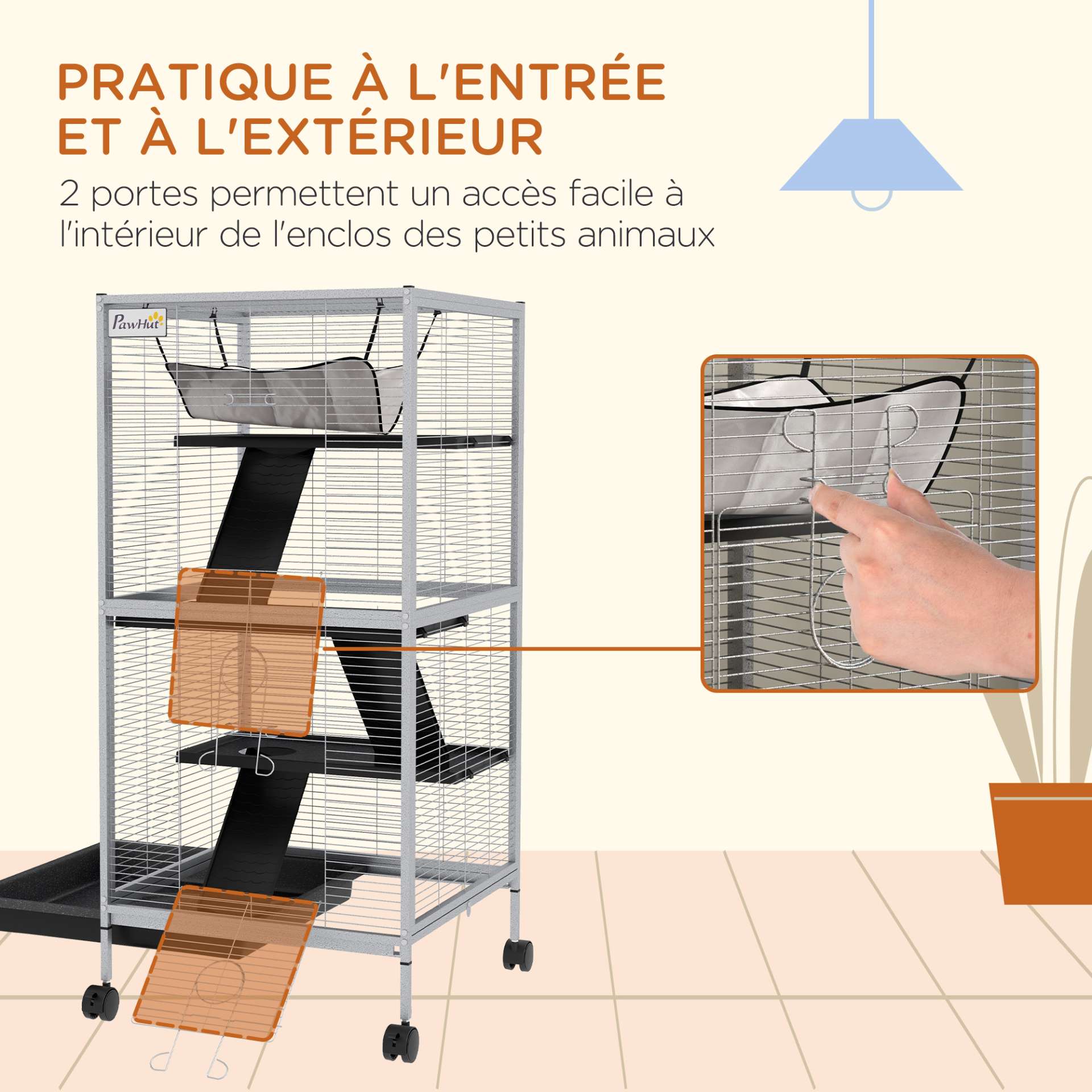Cage pour Petits Animaux Portable à 4 Niveaux avec Roulettes, 2 Portes, 3 Rampes, Hamac et Plateau Amovible - immagine 7