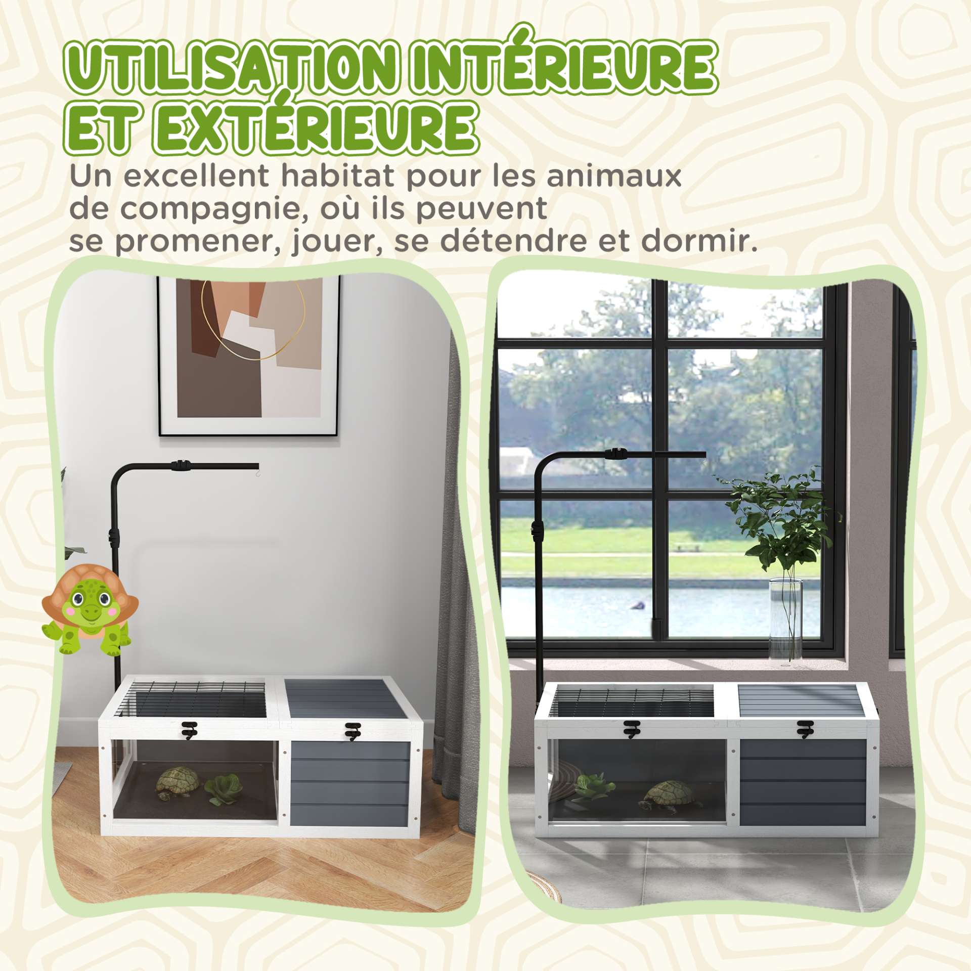 Maison enclos cage pour petit animal tortue avec 2 espaces support de lampe réglable 81 x 48 x 31,5 cm gris - immagine 8