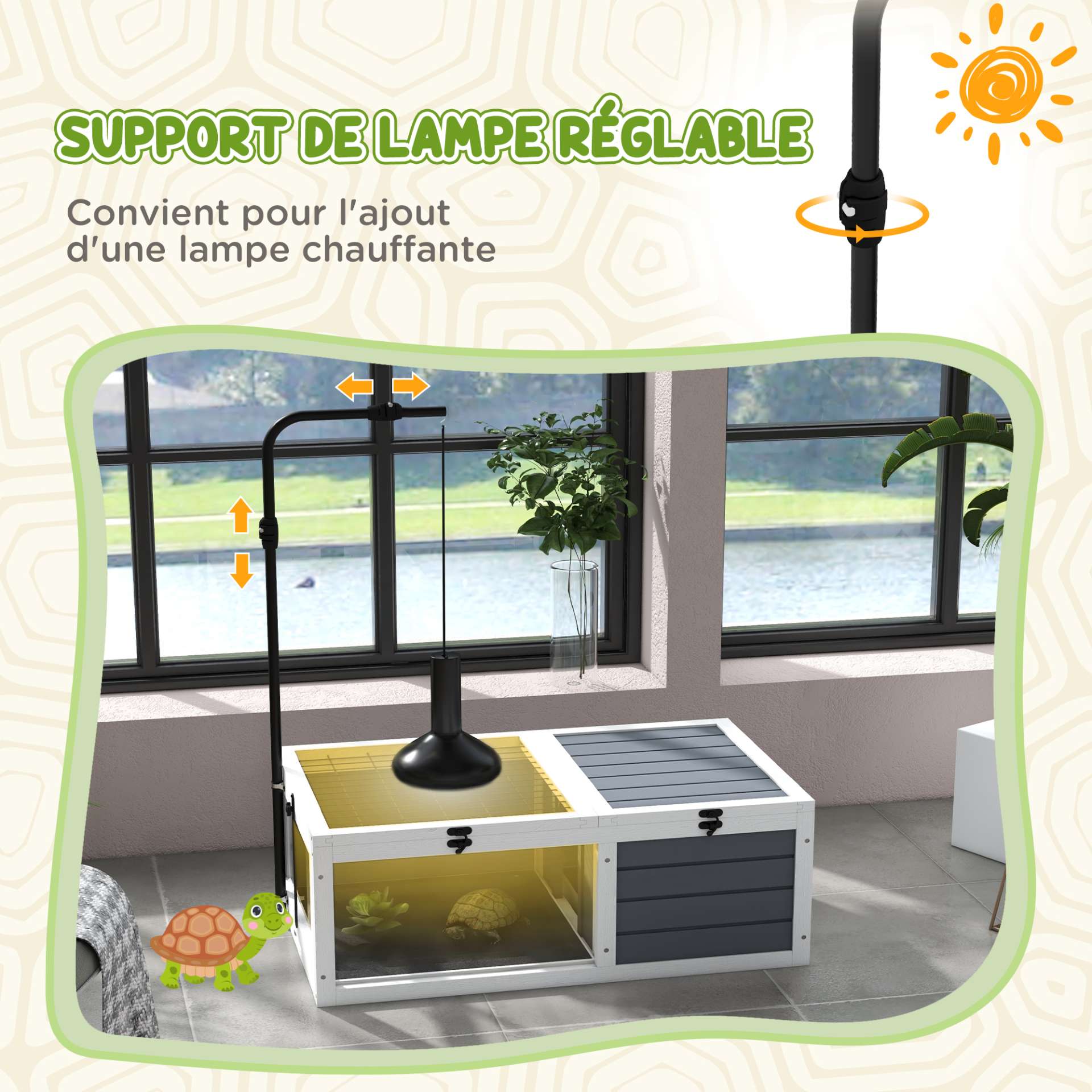 Maison enclos cage pour petit animal tortue avec 2 espaces support de lampe réglable 81 x 48 x 31,5 cm gris - immagine 5