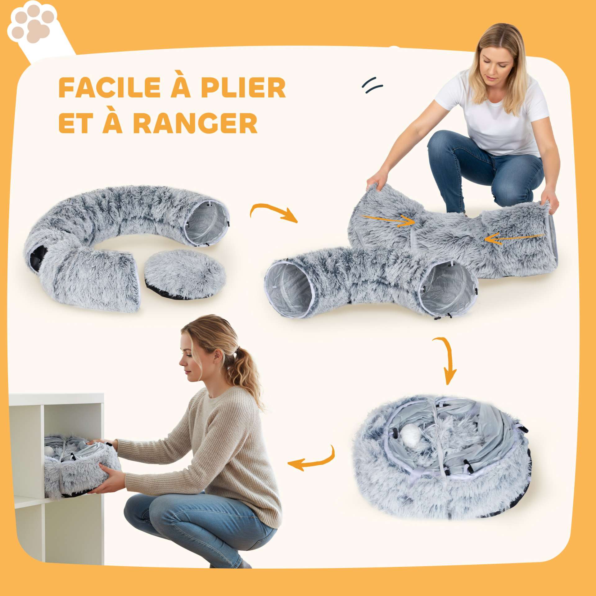 Tunnel pour Chat Intérieur avec Lit de Chat en Forme de Donut, Coussin Circulaire Lavable, 90x80x27cm, Gris Clair - immagine 8