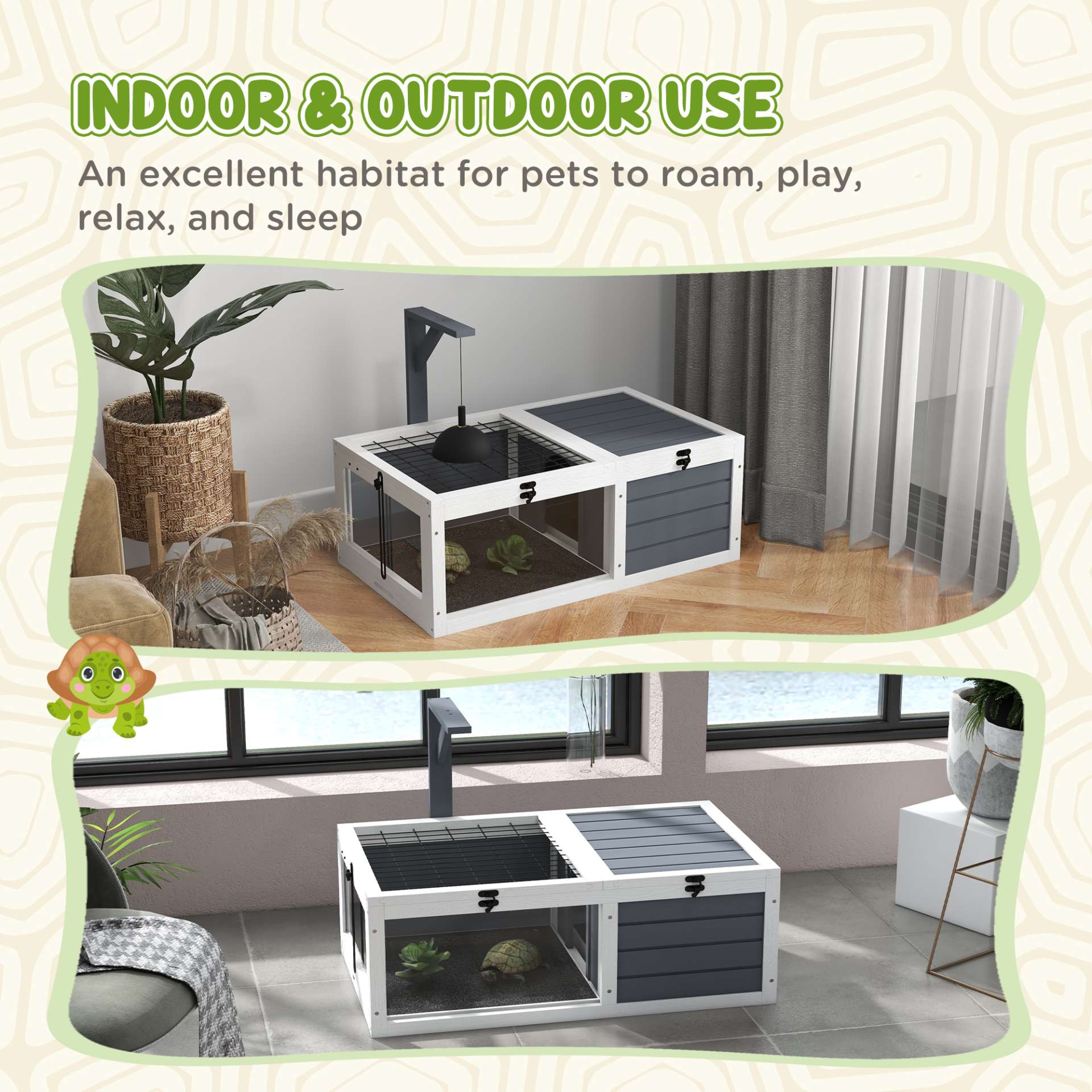 Maison enclos cage pour petit animal tortue avec 2 espaces support de lampe 81 x 48 x 31,5 cm gris - immagine 8