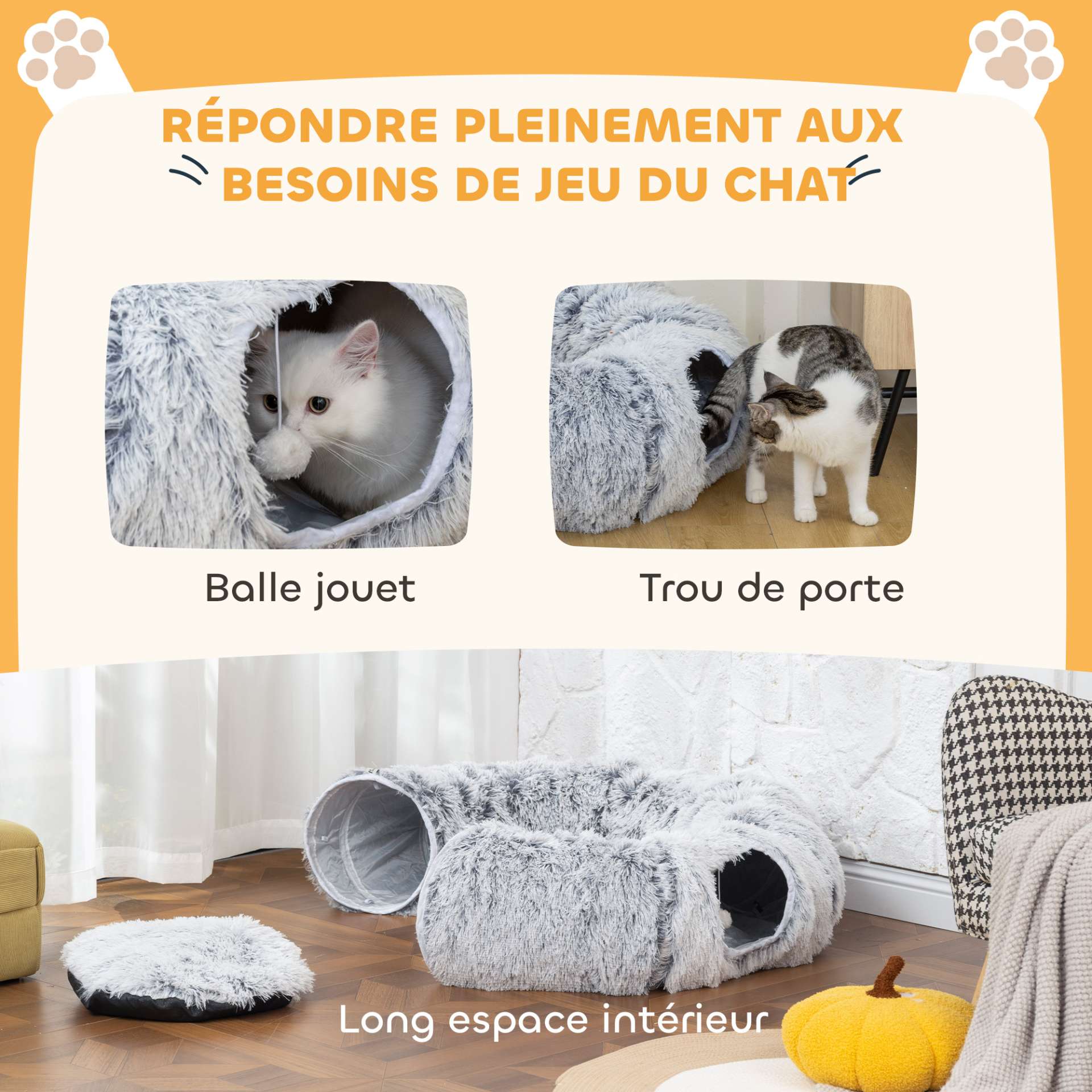 Tunnel pour Chat Intérieur avec Lit de Chat en Forme de Donut, Coussin Circulaire Lavable, 90x80x27cm, Gris Clair - immagine 6