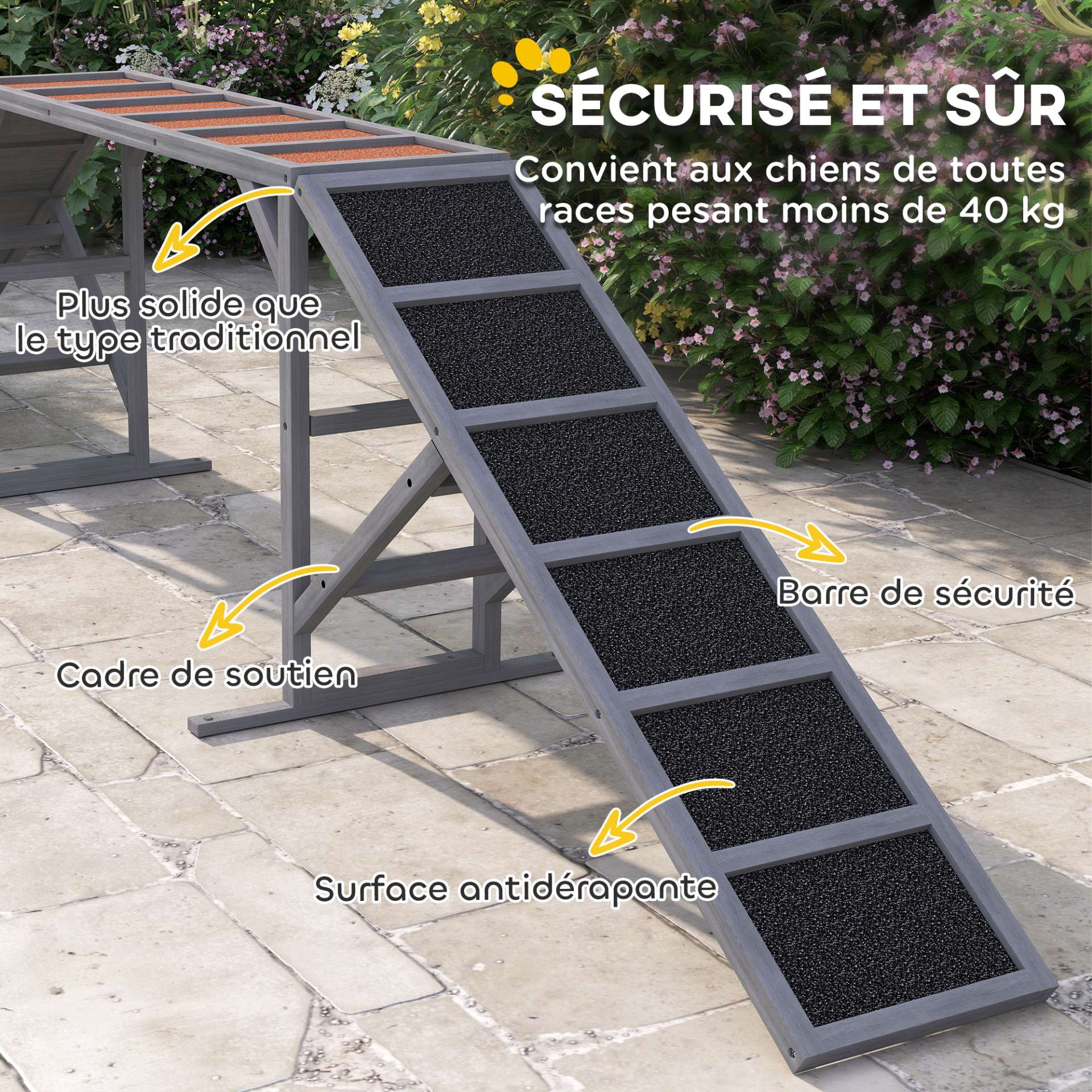 Rampe d'agilité pour chien, équipement d'agilité pour chiens, barres de sécurité surface antidérapante 335x55x60cm gris - immagine 6