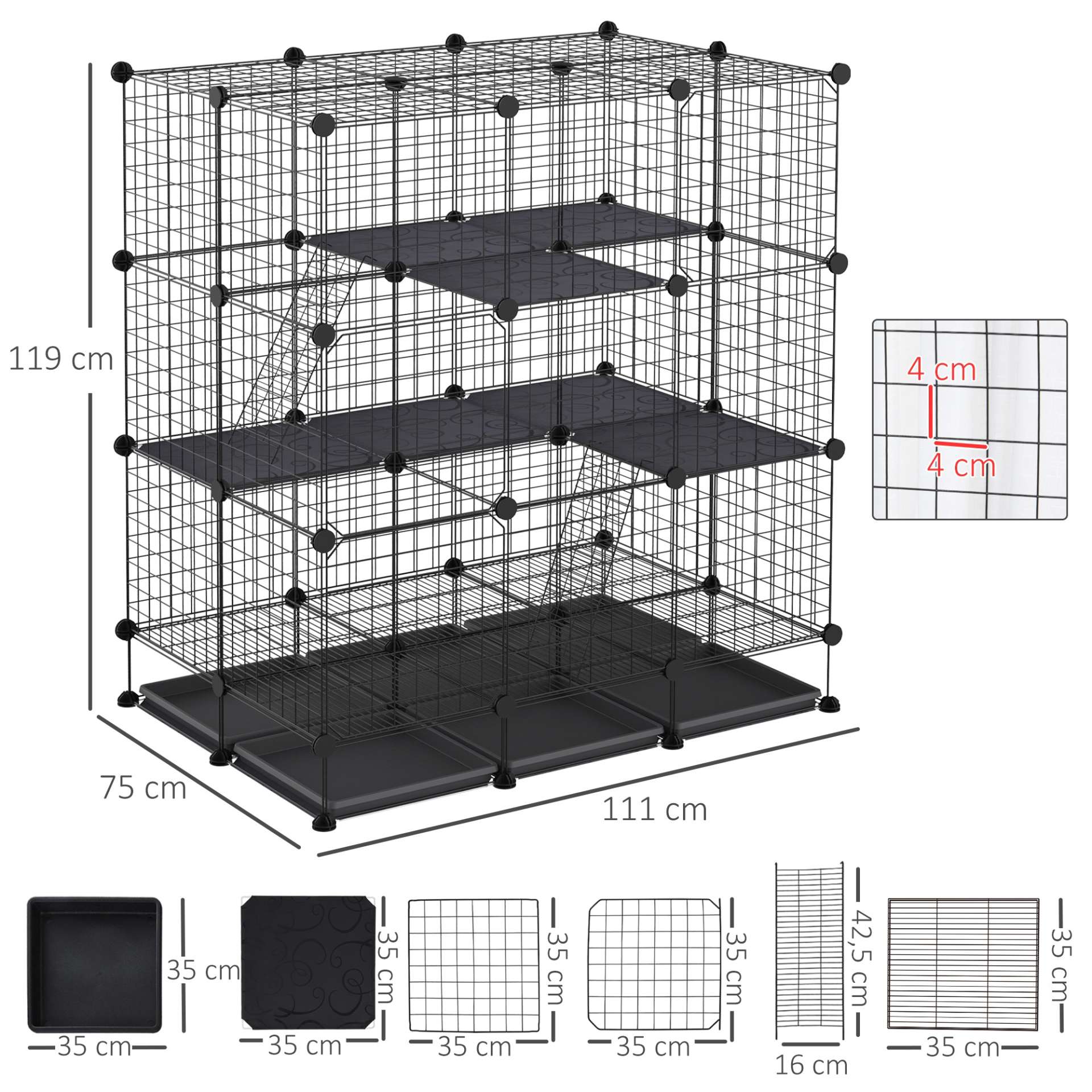 Cage parc enclos rongeurs modulable dim. L 111 x l 75 x H 119 cm 3 niveaux 4 portes fil métallique noir - immagine 3