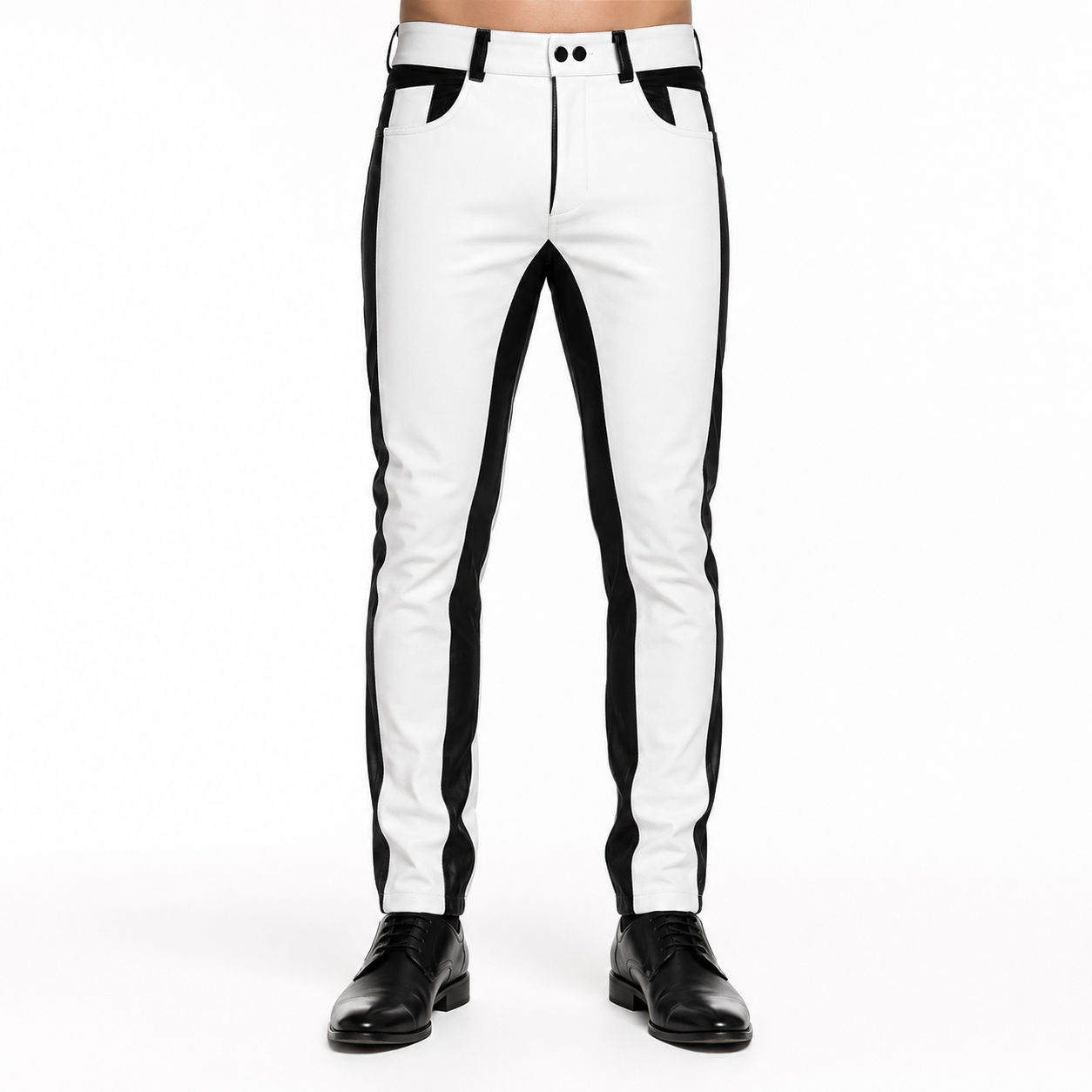 Men’s Black & White Leather Biker Pants - immagine 2