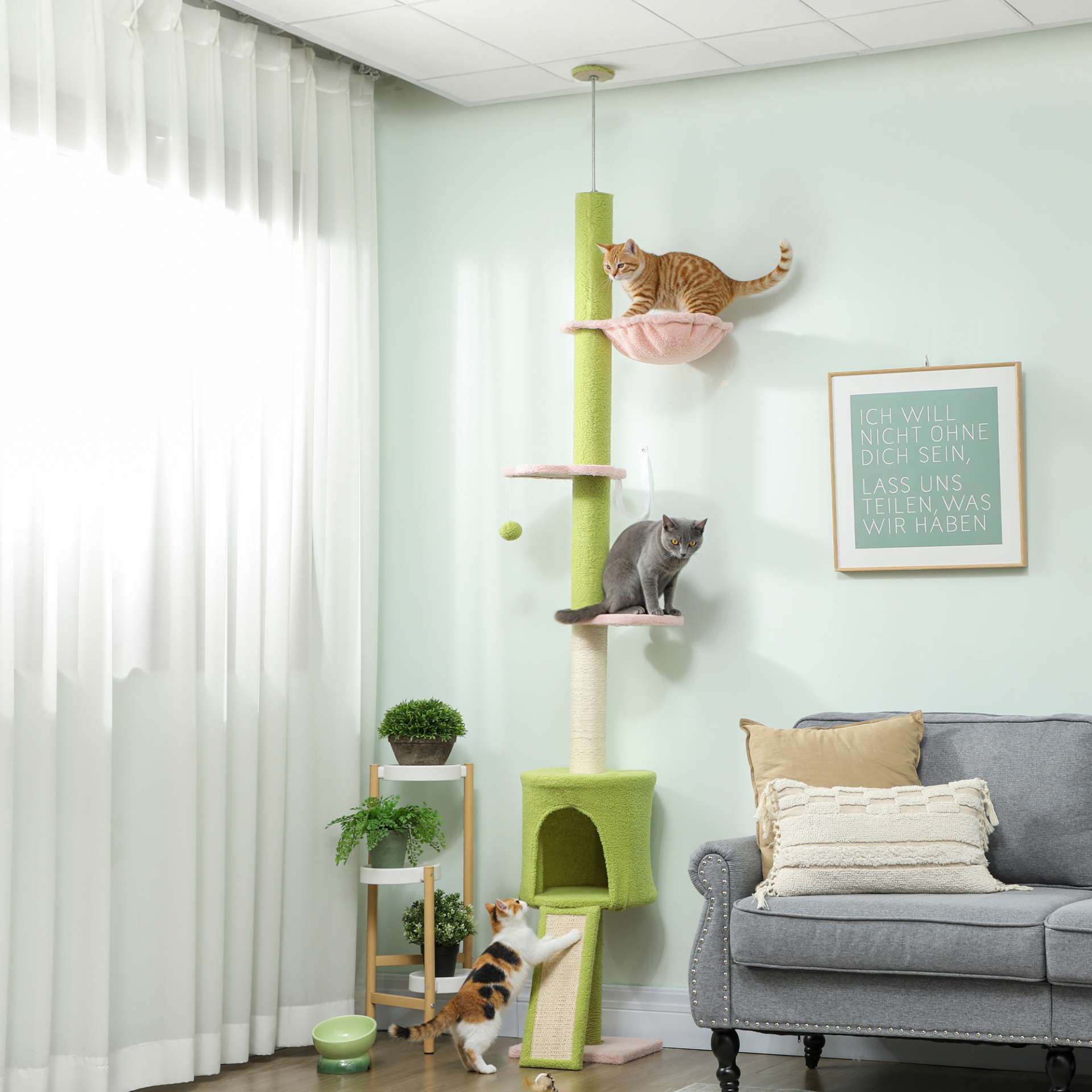 Arbre à chat du sol au plafond 5 niveaux hauteur réglable 220-240 cm plateformes fleur avec griffoir niche hamac vert - immagine 2