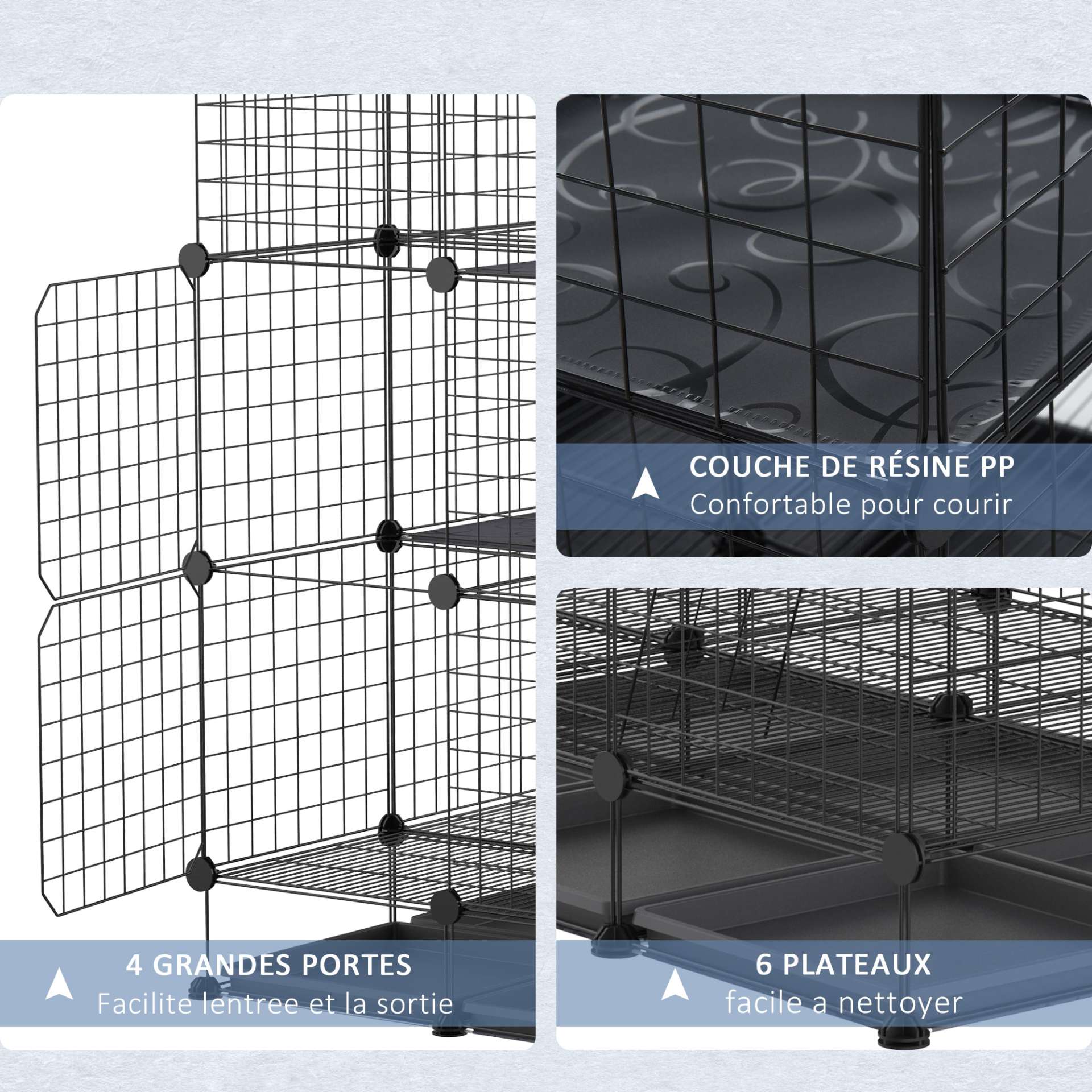 Cage parc enclos rongeurs modulable dim. L 111 x l 75 x H 119 cm 3 niveaux 4 portes fil métallique noir - immagine 6
