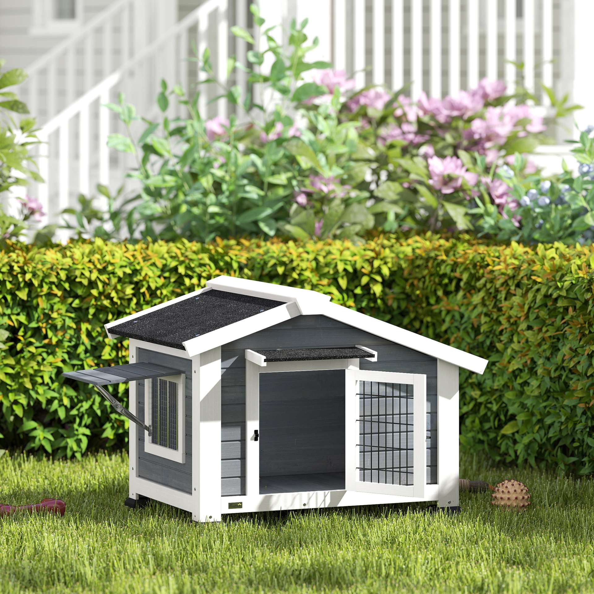 Niche pour Chien Extérieur Abri Jardin Surélevé Plancher Amovible Auvent de Porte et Toit Imperméable 98x76x69,5cm Gris - immagine 2