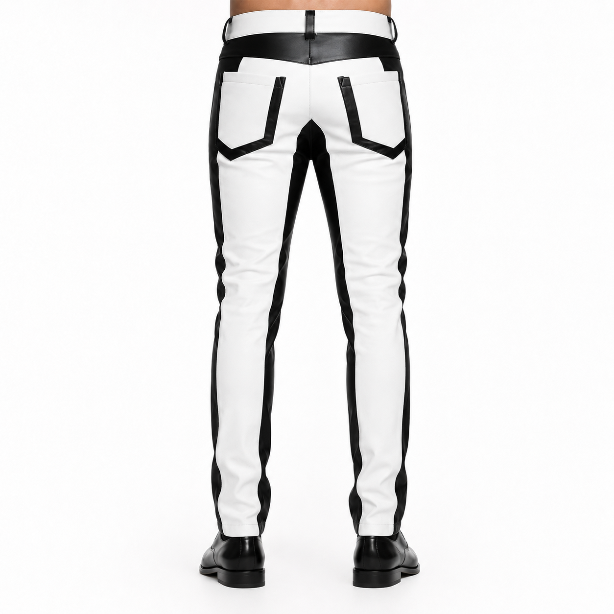 Men’s Black & White Leather Biker Pants - immagine 3
