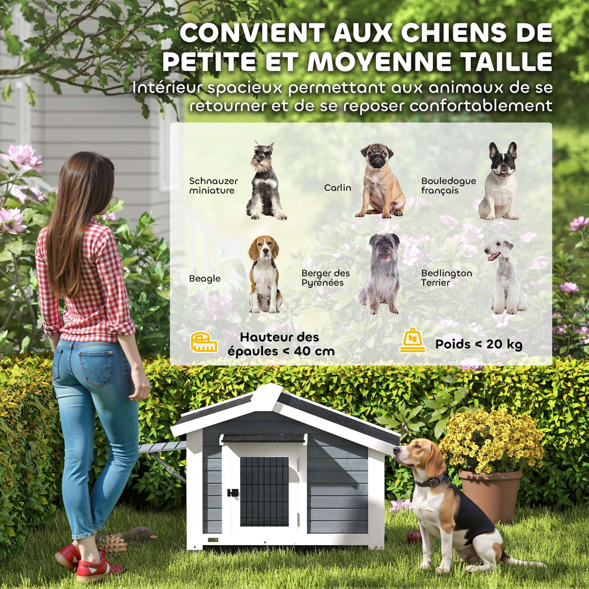 Niche pour Chien Extérieur Abri Jardin Surélevé Plancher Amovible Auvent de Porte et Toit Imperméable 98x76x69,5cm Gris - immagine 7