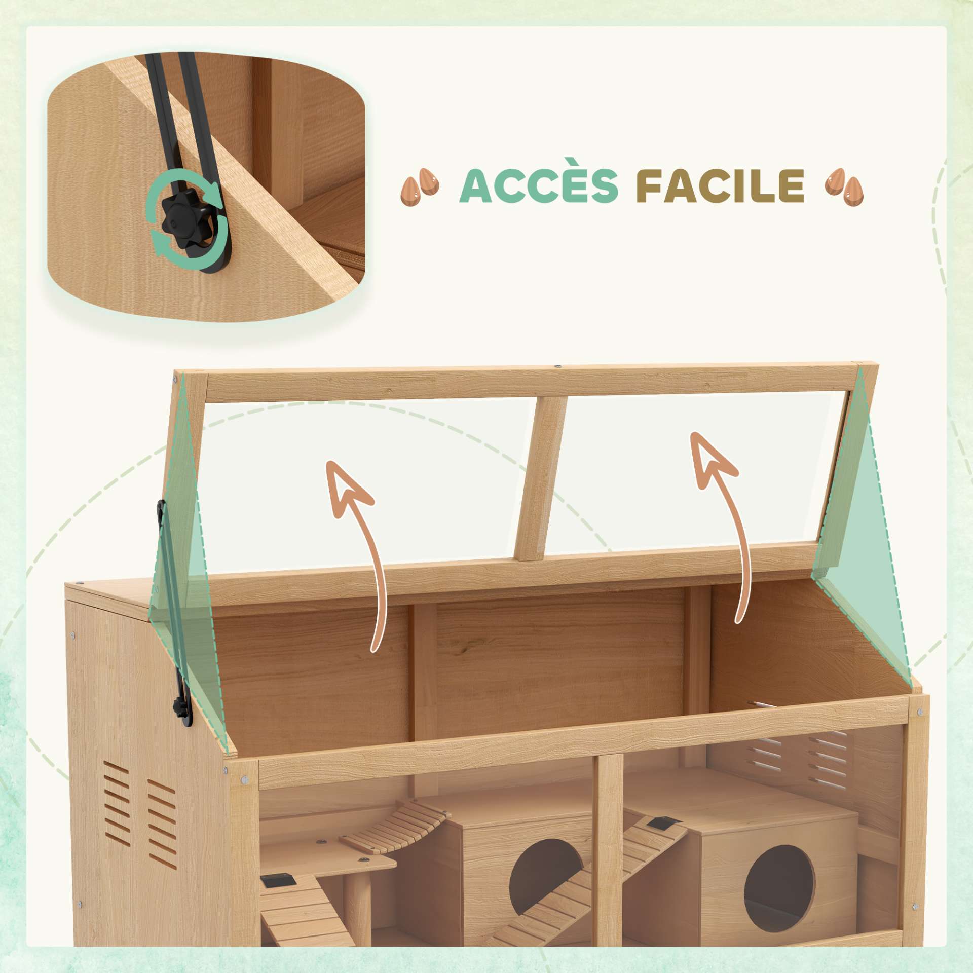 Cage hamster en bois habitat grand pour rongeur ventilation couvercle ouvrant et accessoires 85x45x44cm bois naturel - immagine 5