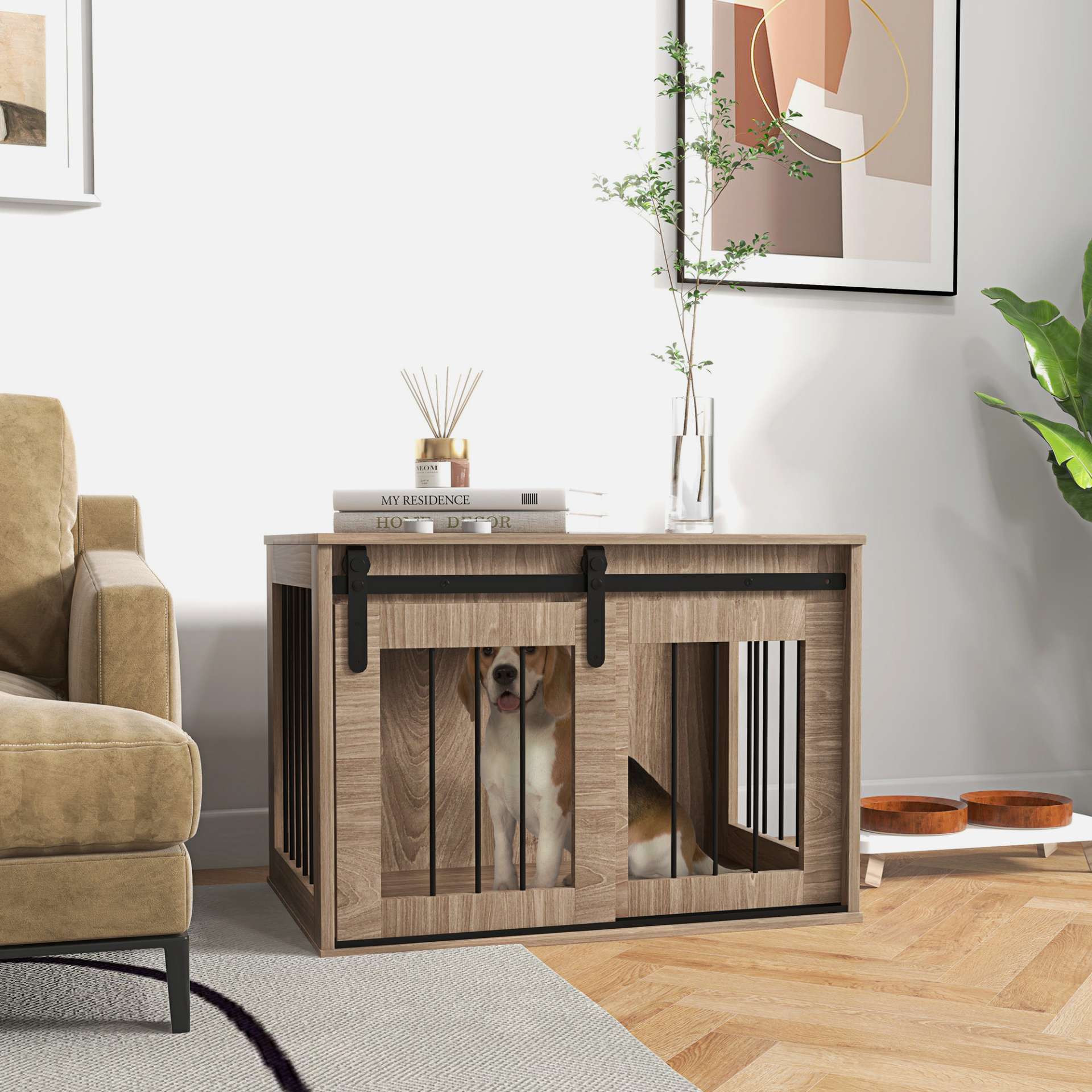 Cage caisse pour chien animaux intérieur porte coulissante, métal effet bois, dim. 57H x 80L x 54l cm - immagine 2