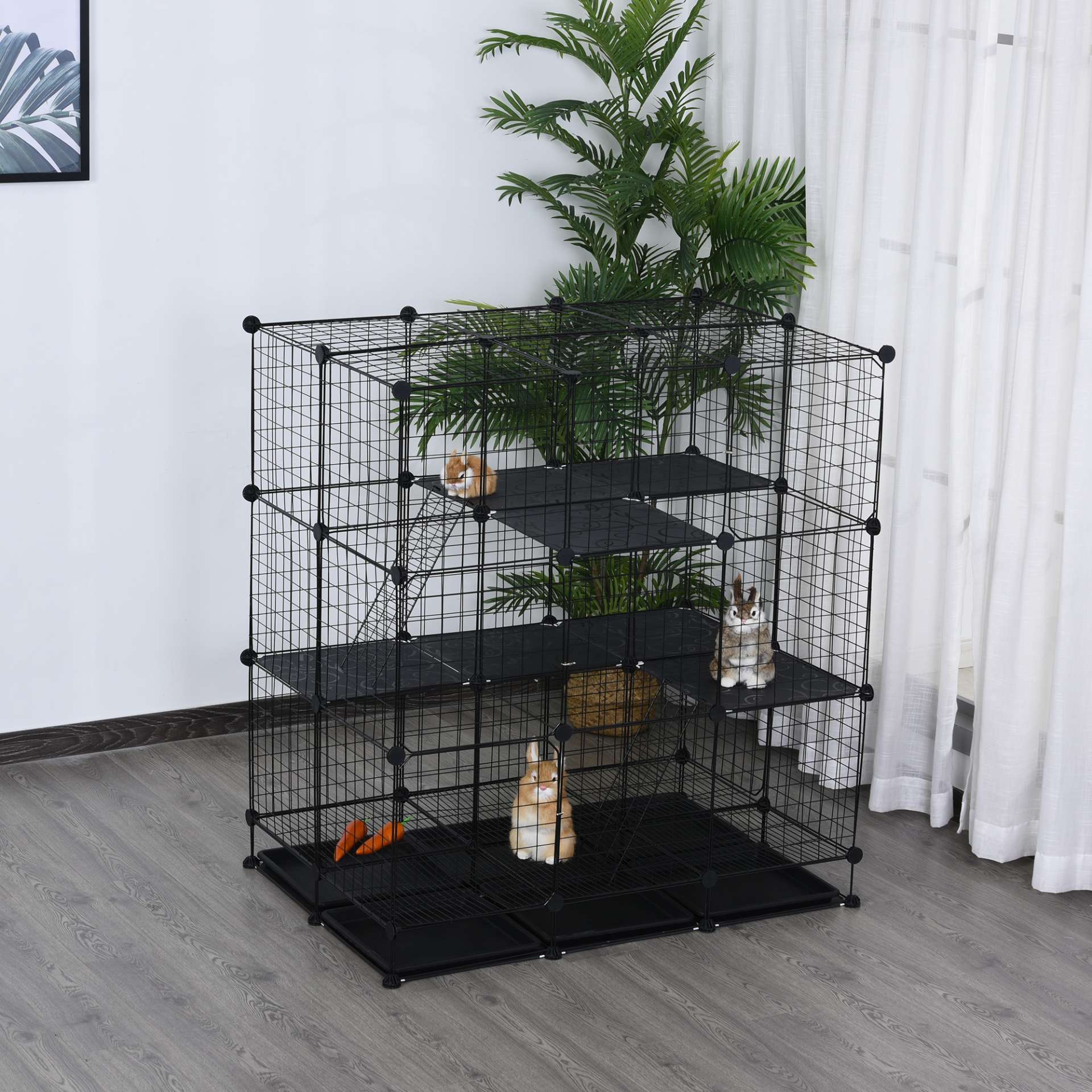 Cage parc enclos rongeurs modulable dim. L 111 x l 75 x H 119 cm 3 niveaux 4 portes fil métallique noir - immagine 10